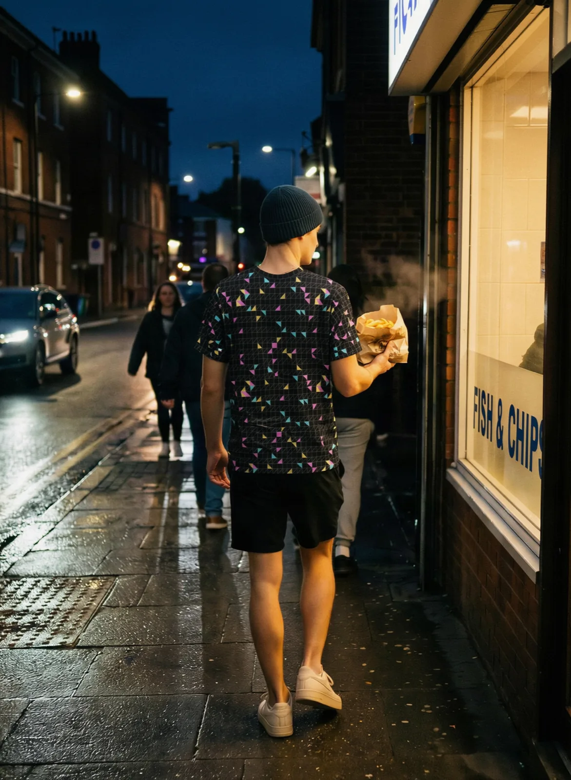 Geo Mesh All-Over Print T-Shirt, black colourway, on model