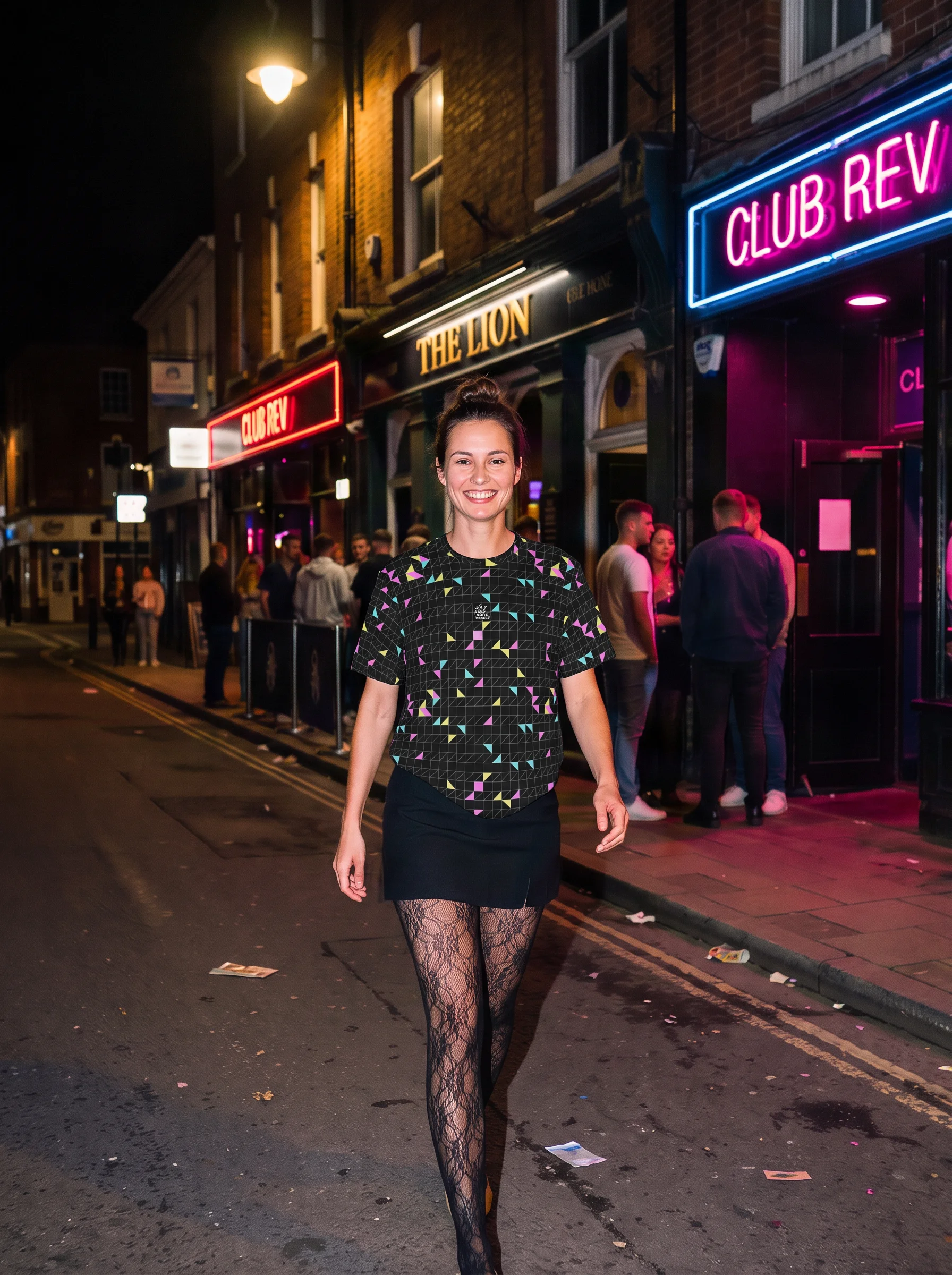 Geo Mesh All-Over Print T-Shirt worn by a model