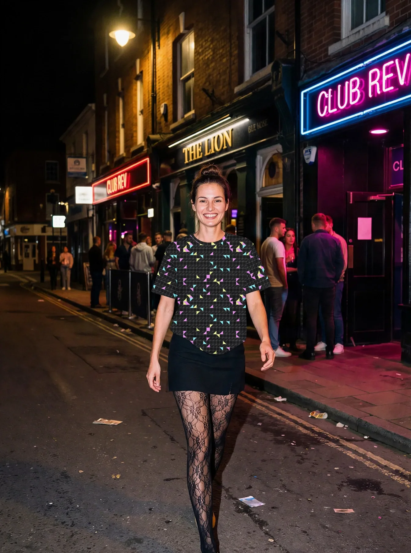 Geo Mesh All-Over Print T-Shirt worn by a model
