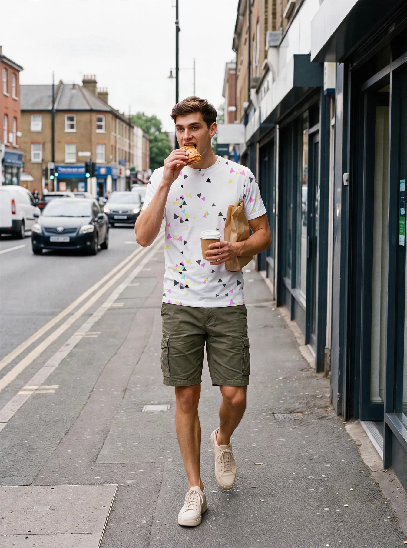 Geo Scatter All-Over Print T-Shirt, white colourway, on model