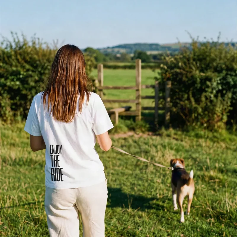 "ENJOY THE RIDE" Backprint Tee worn by a model
