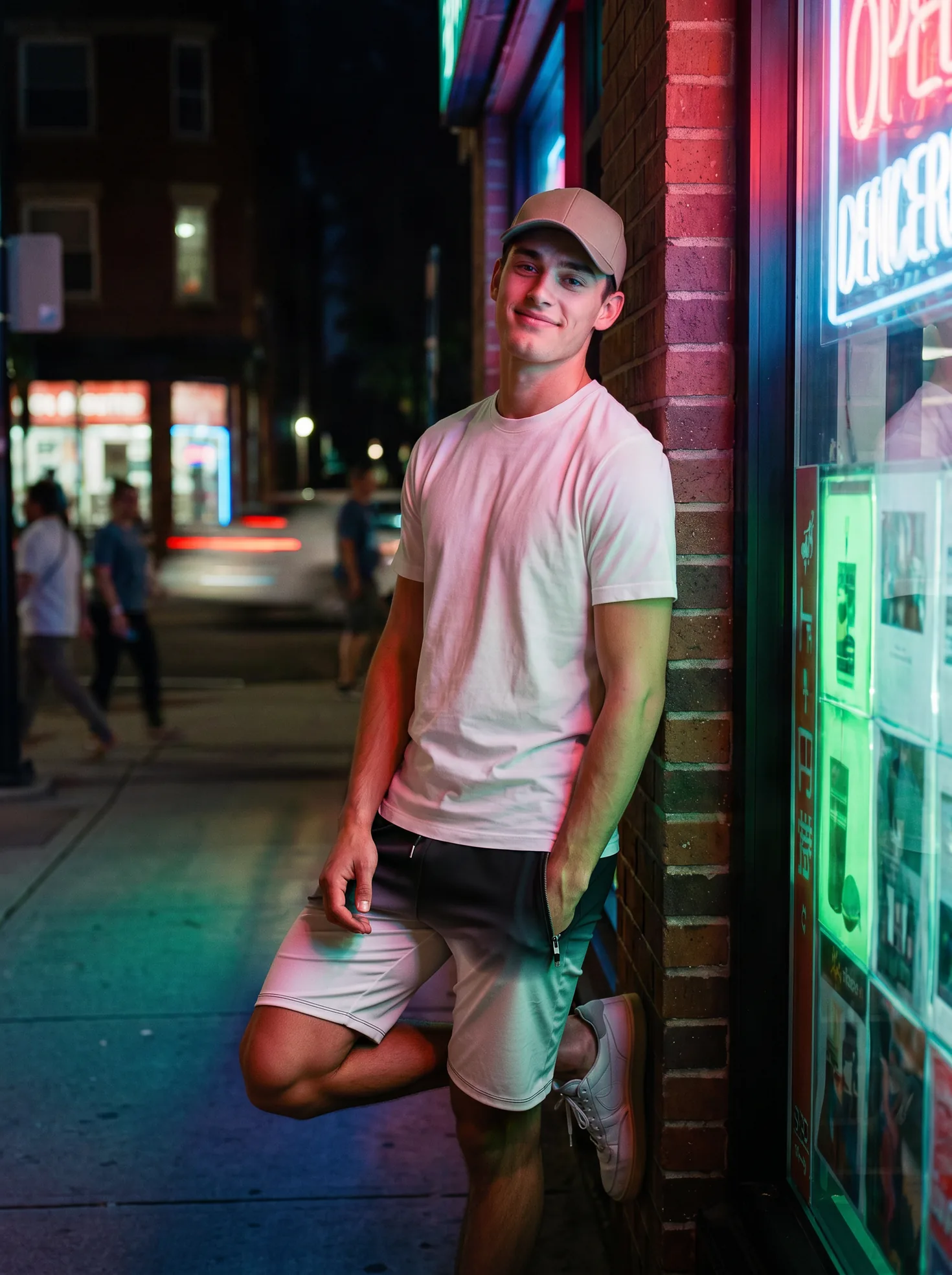 Mark wearing Its.That. Charcoal Dip Sweat Shorts with a white logo tee