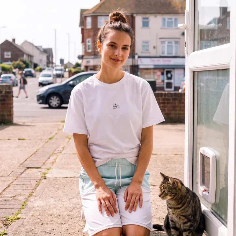 Lily wearing Its.That. Cyan Dip Sweat Shorts with a white logo tee
