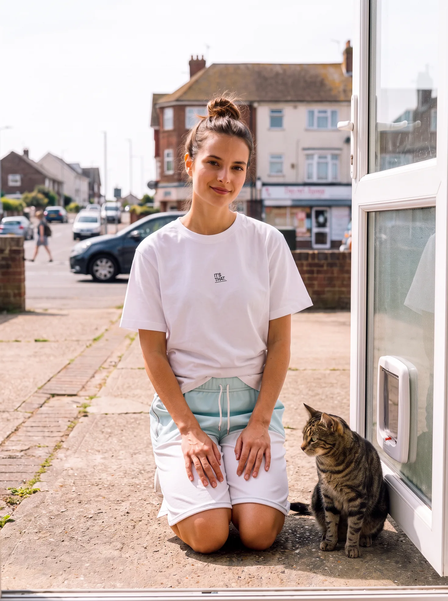 Lily wearing Its.That. Cyan Dip Sweat Shorts with a white logo tee
