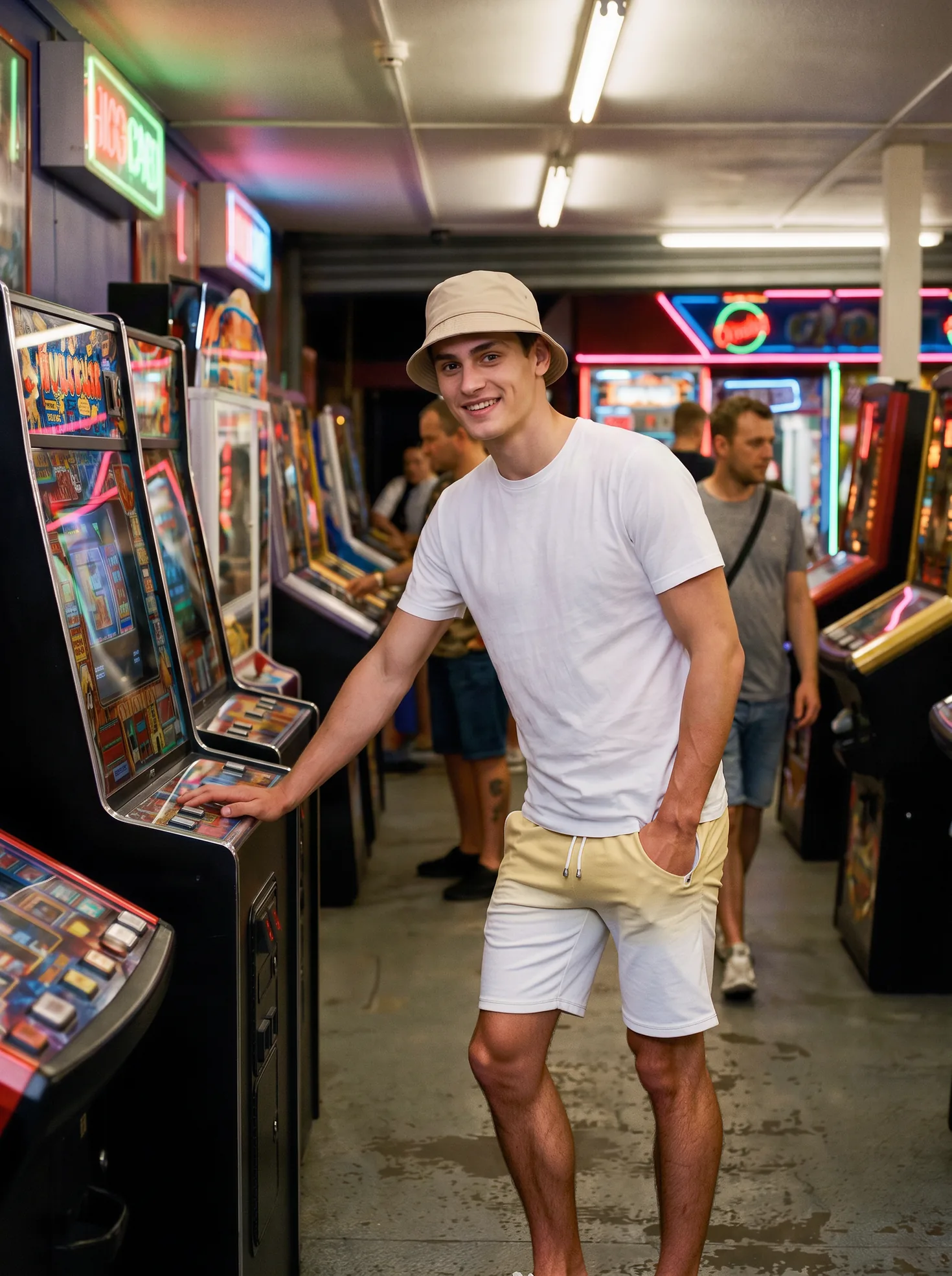 Mark wearing Its.That. Yellow Dip Sweat Shorts with a white logo tee