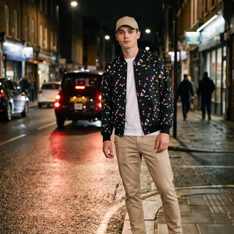 Geo Mesh Bomber Jacket, black colourway, front view, on model