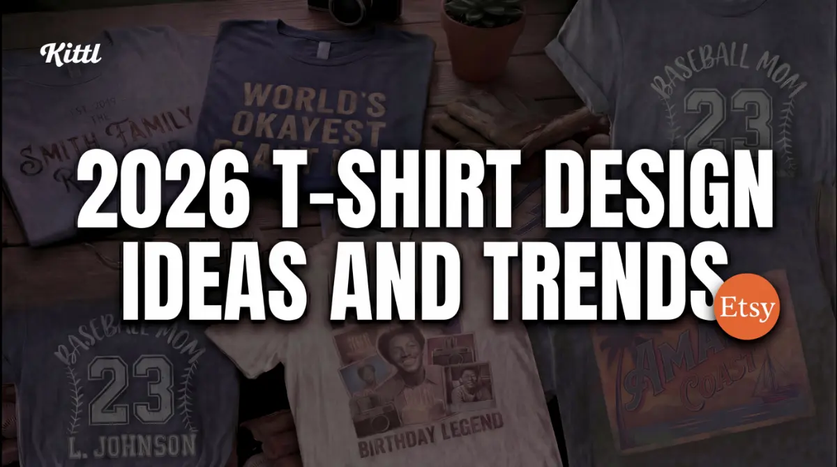 Thumbnail showing trending t-shirt design ideas for 2026, with assorted graphic tee styles laid out for print-on-demand sellers