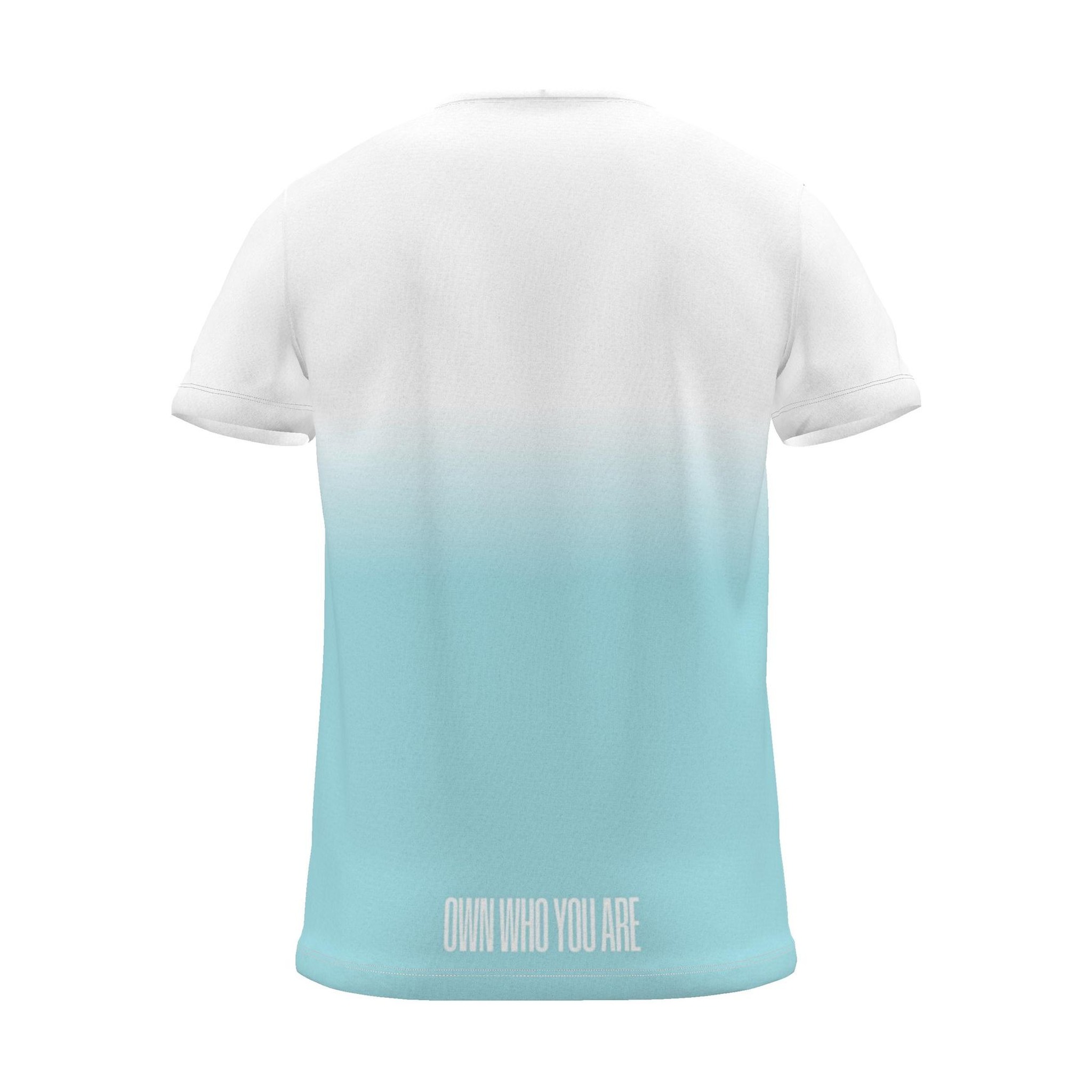 "Own who you are" Backprint Tee (Centred Hem Print), cyan dip, back view