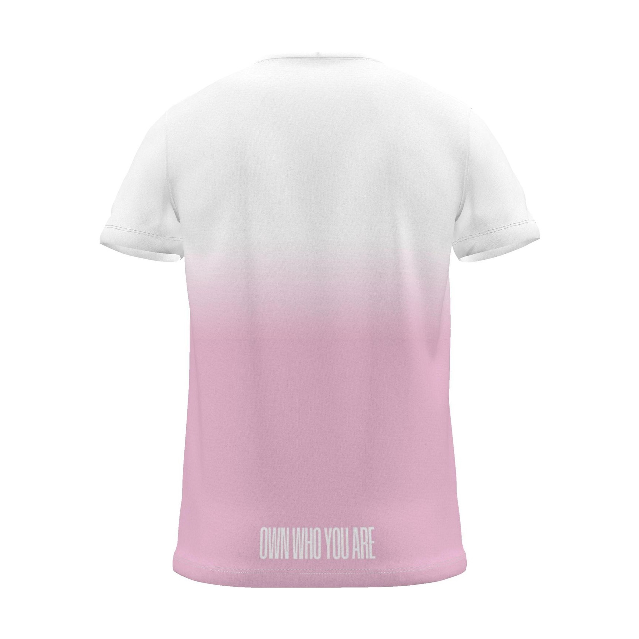 "Own who you are" Backprint Tee (Centred Hem Print), magenta dip, back view