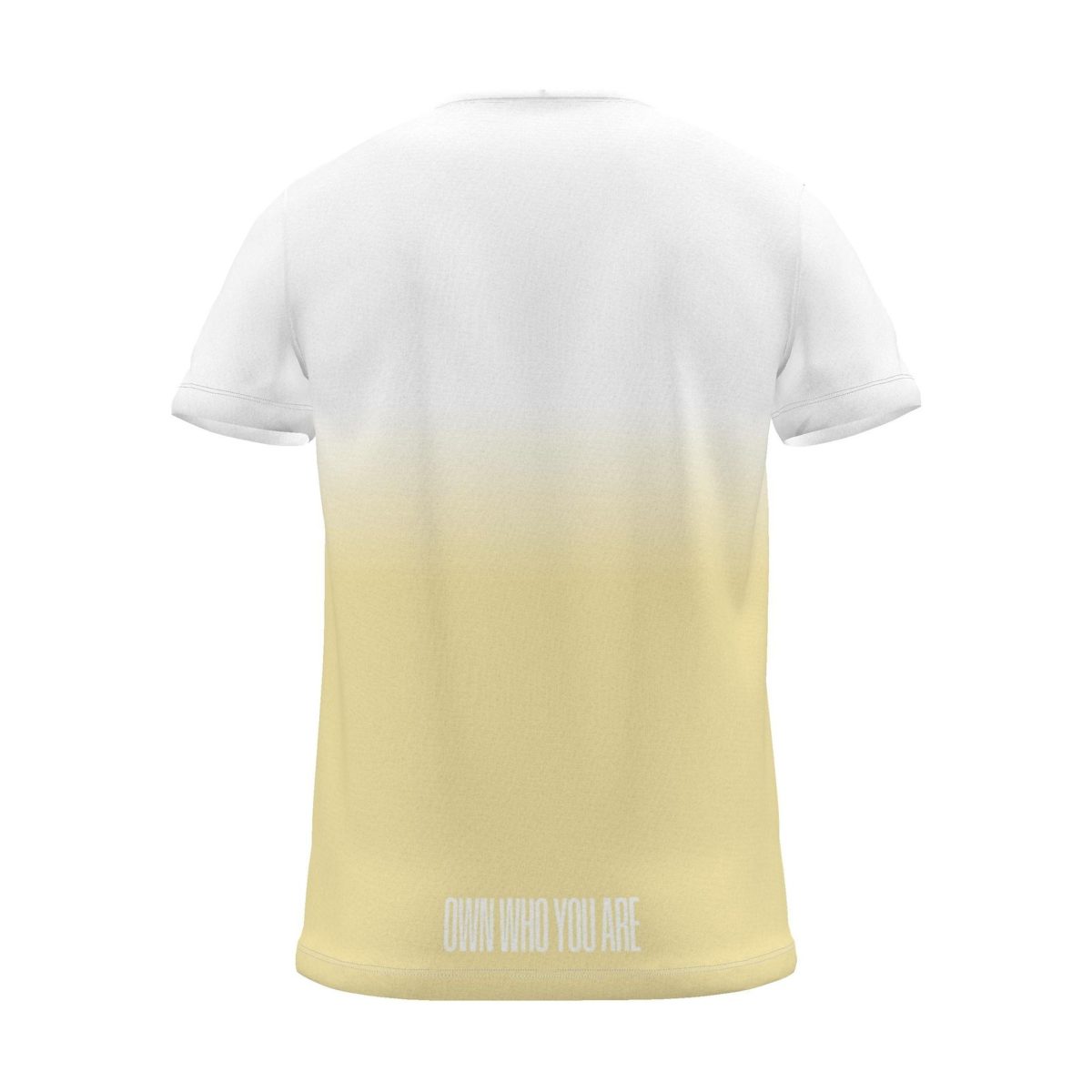 "Own who you are" Backprint Tee (Centred Hem Print), yellow dip, back view
