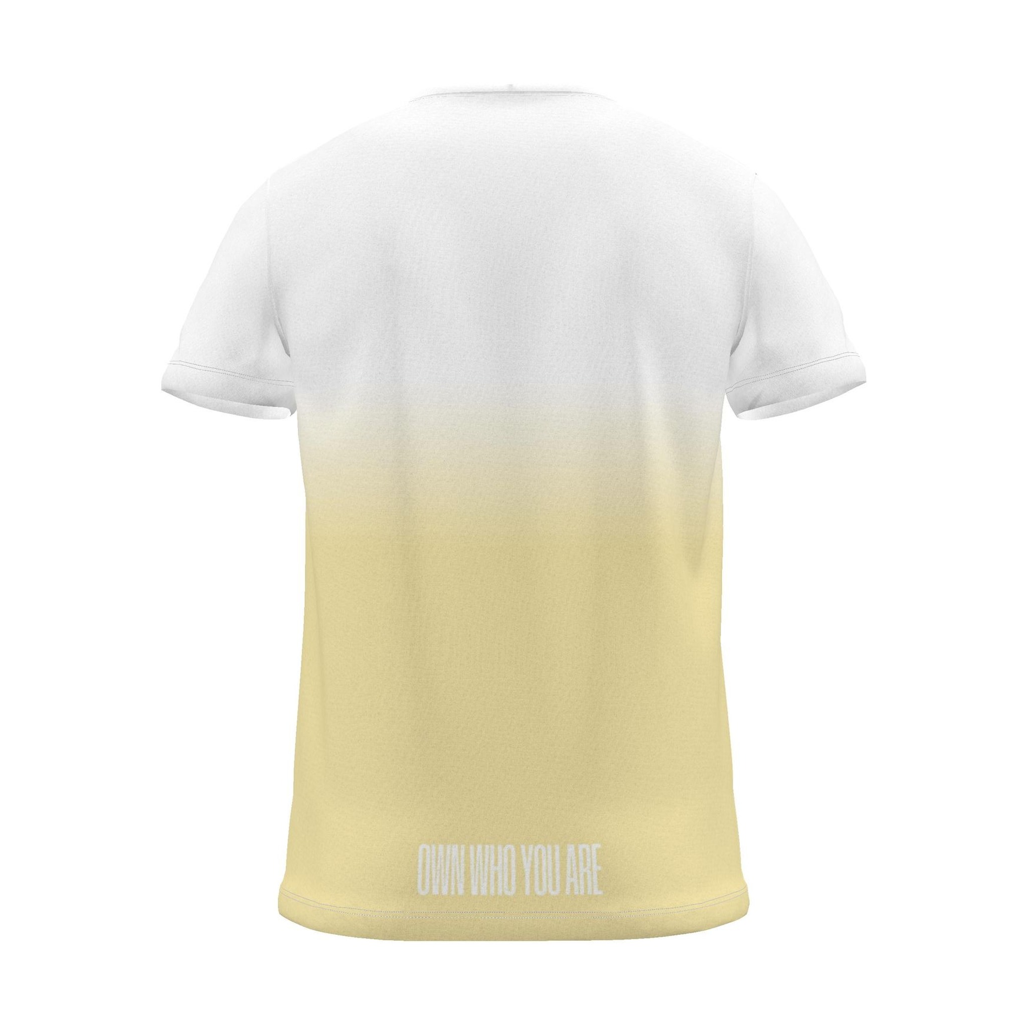 "Own who you are" Backprint Tee (Centred Hem Print), yellow dip, back view