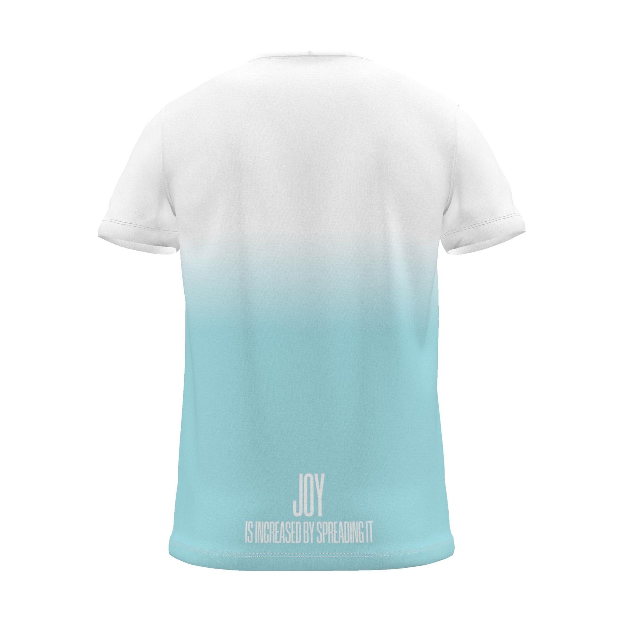 "JOY IS INCREASED BY SPREADING IT" Backprint Tee, cyan dip, back view