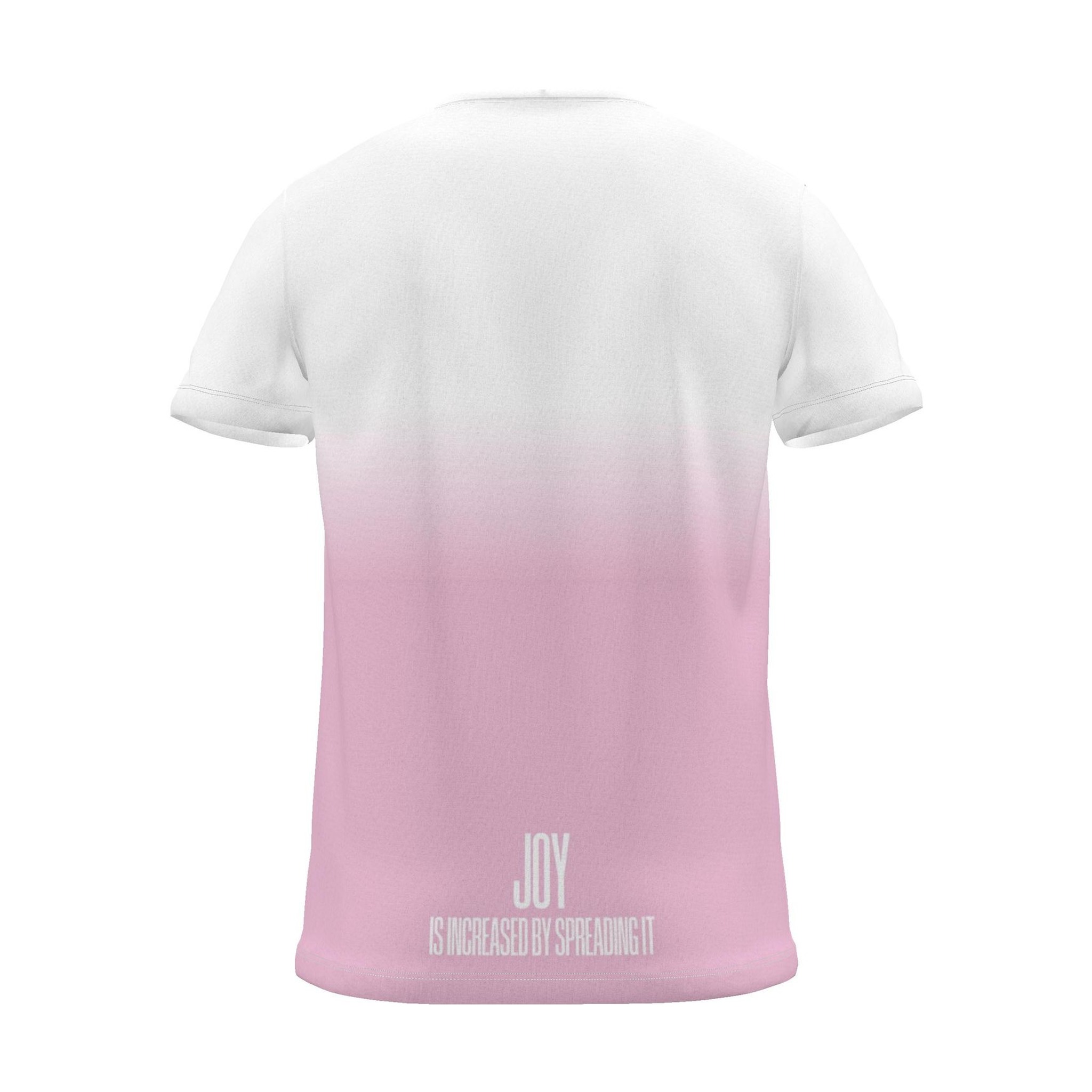 "JOY IS INCREASED BY SPREADING IT" Backprint Tee, magenta dip, back view