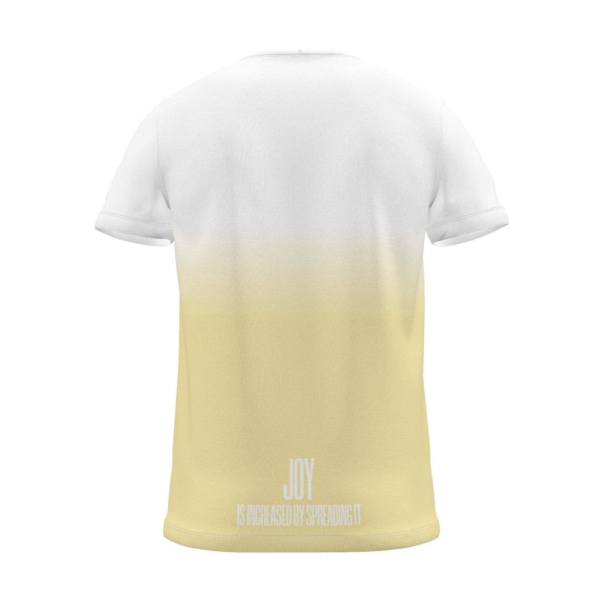 "JOY IS INCREASED BY SPREADING IT" Backprint Tee, yellow dip, back view