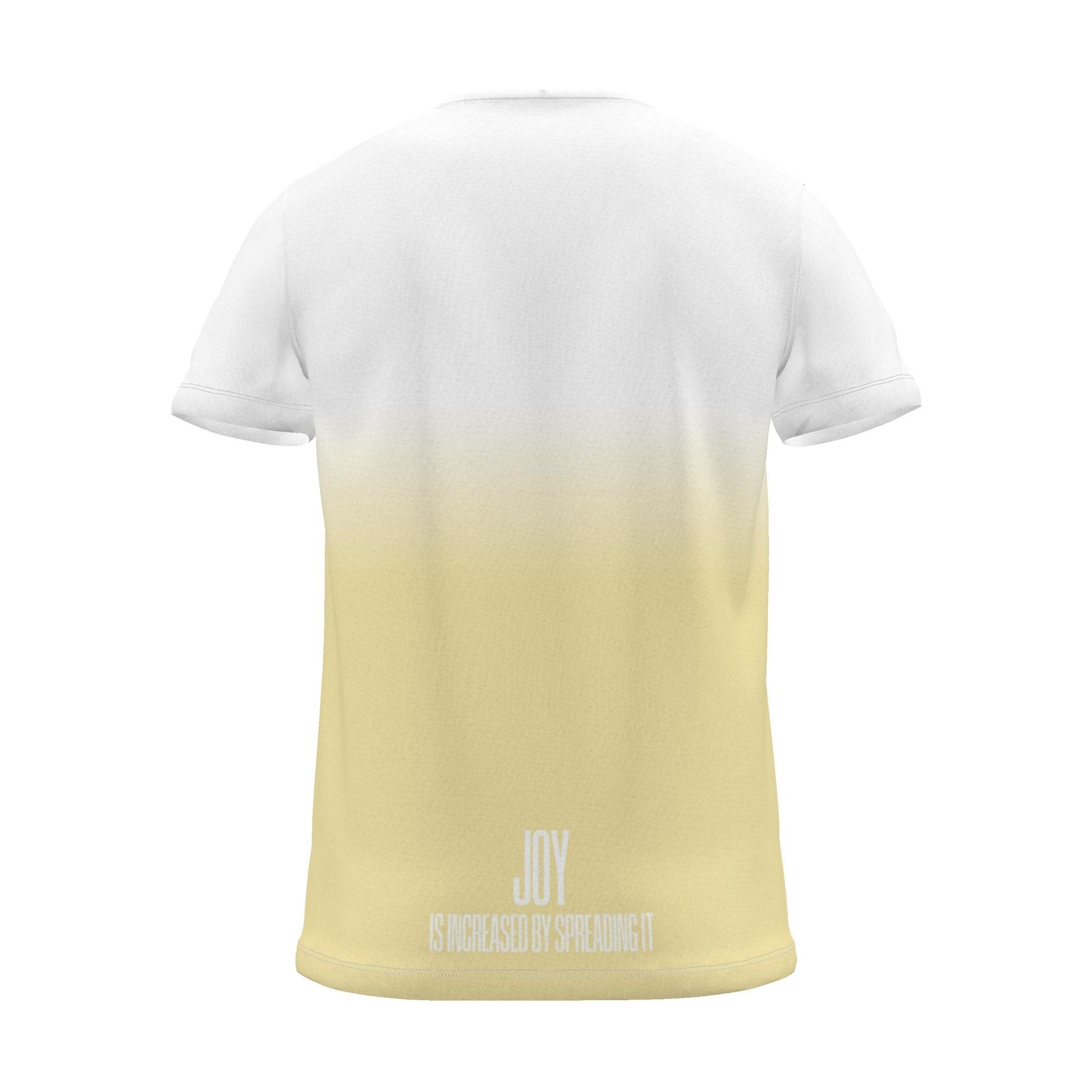 "JOY IS INCREASED BY SPREADING IT" Backprint Tee, yellow dip, back view