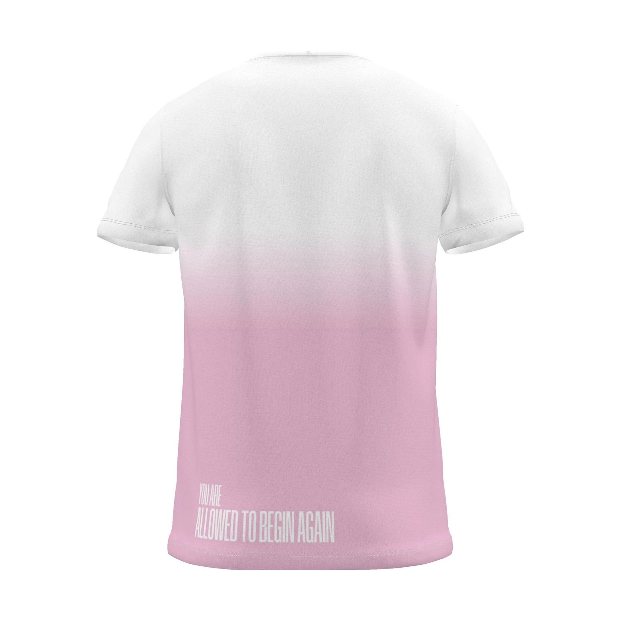 "You're allowed to begin again" Backprint Tee, magenta dip, back view