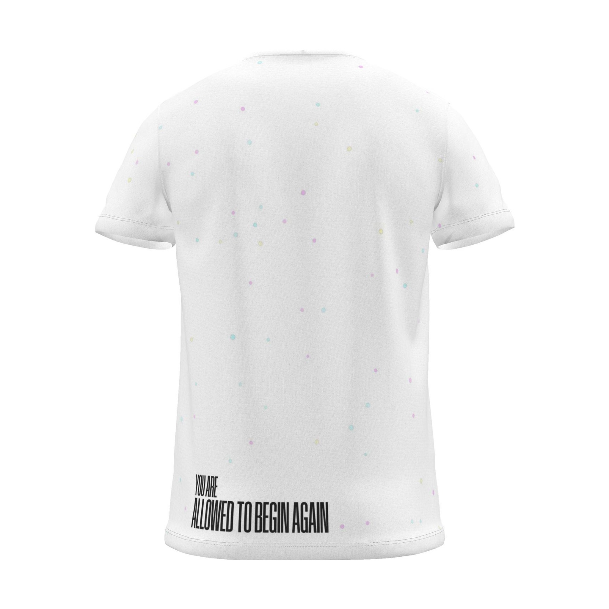 "You're allowed to begin again" Backprint Tee, white dots, back view