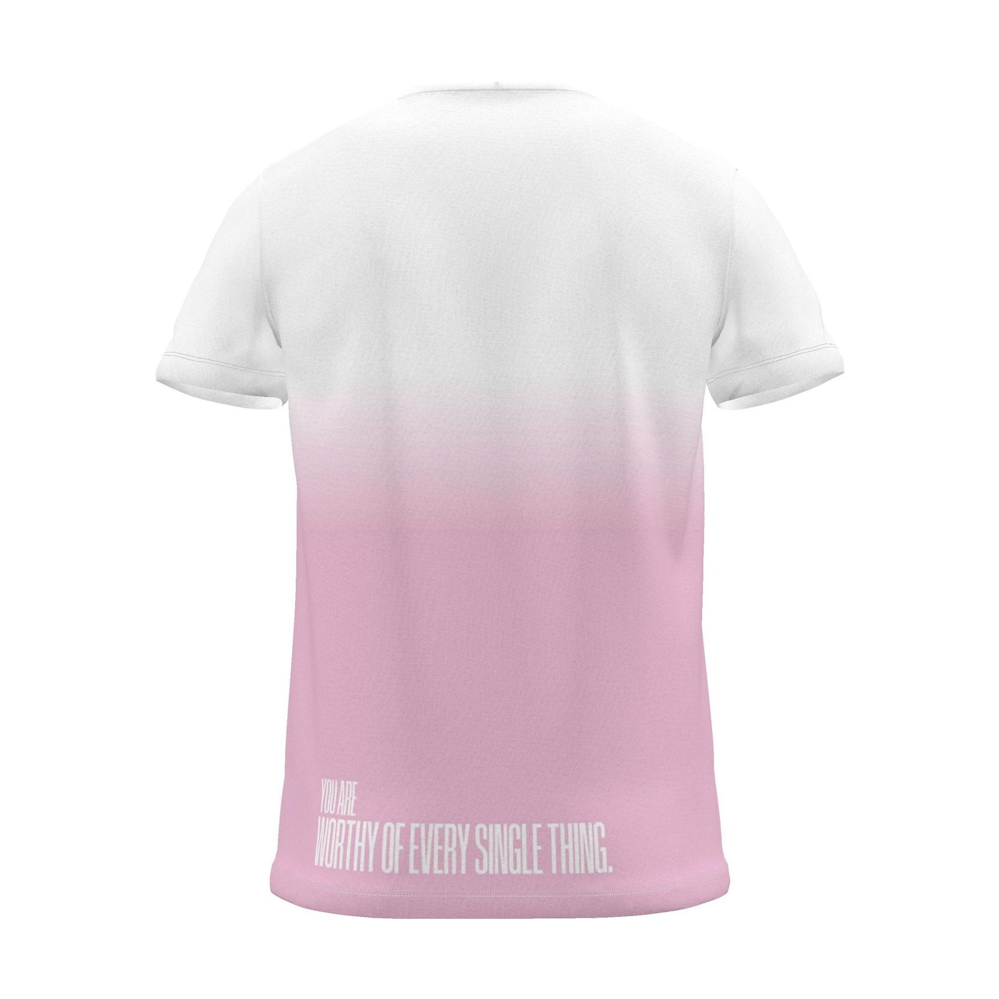 "you are worthy of every single thing." Backprint Tee (Hem Print), magenta dip, back view