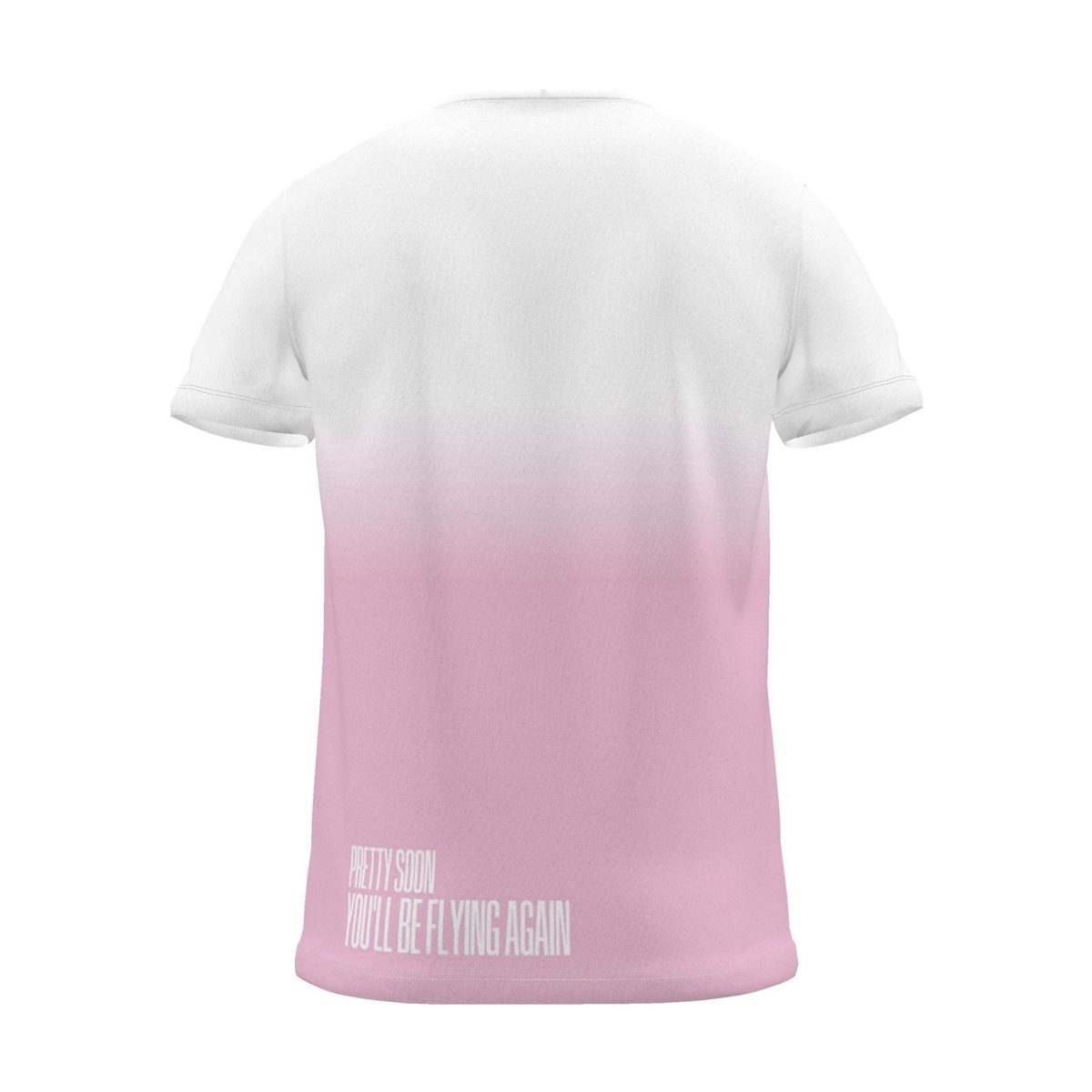 "pretty soon, you'll be flying again" Backprint Tee (Hem Print), magenta dip, back view