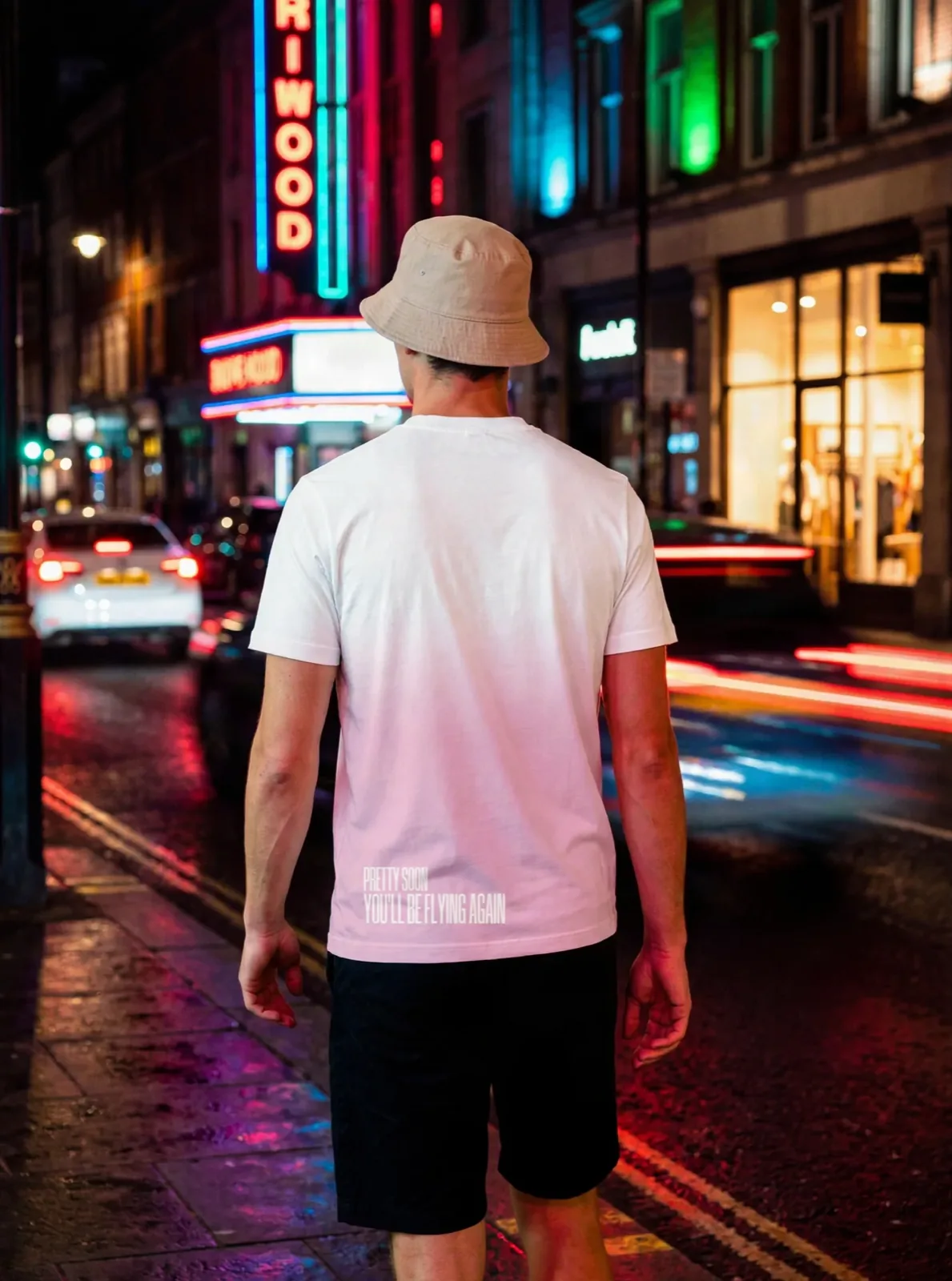 "pretty soon, you'll be flying again" Backprint Tee (Hem Print), on model