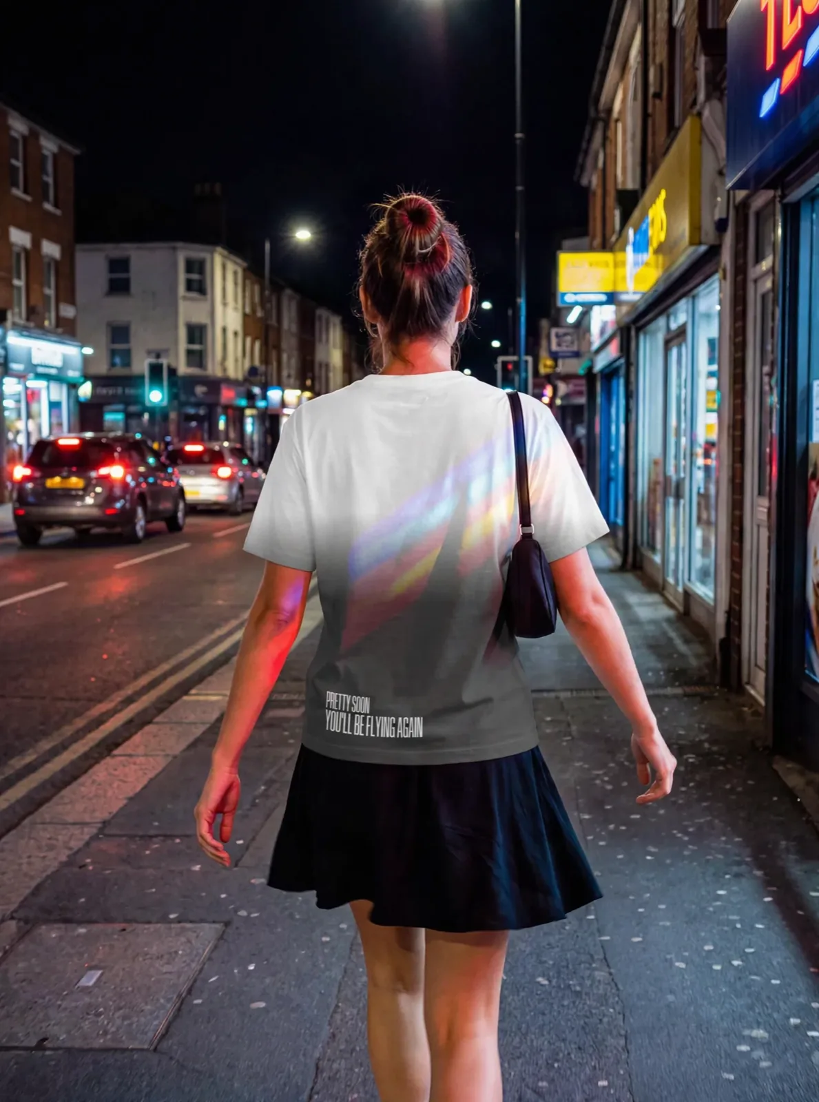 "pretty soon, you'll be flying again" Backprint Tee (Hem Print), on model