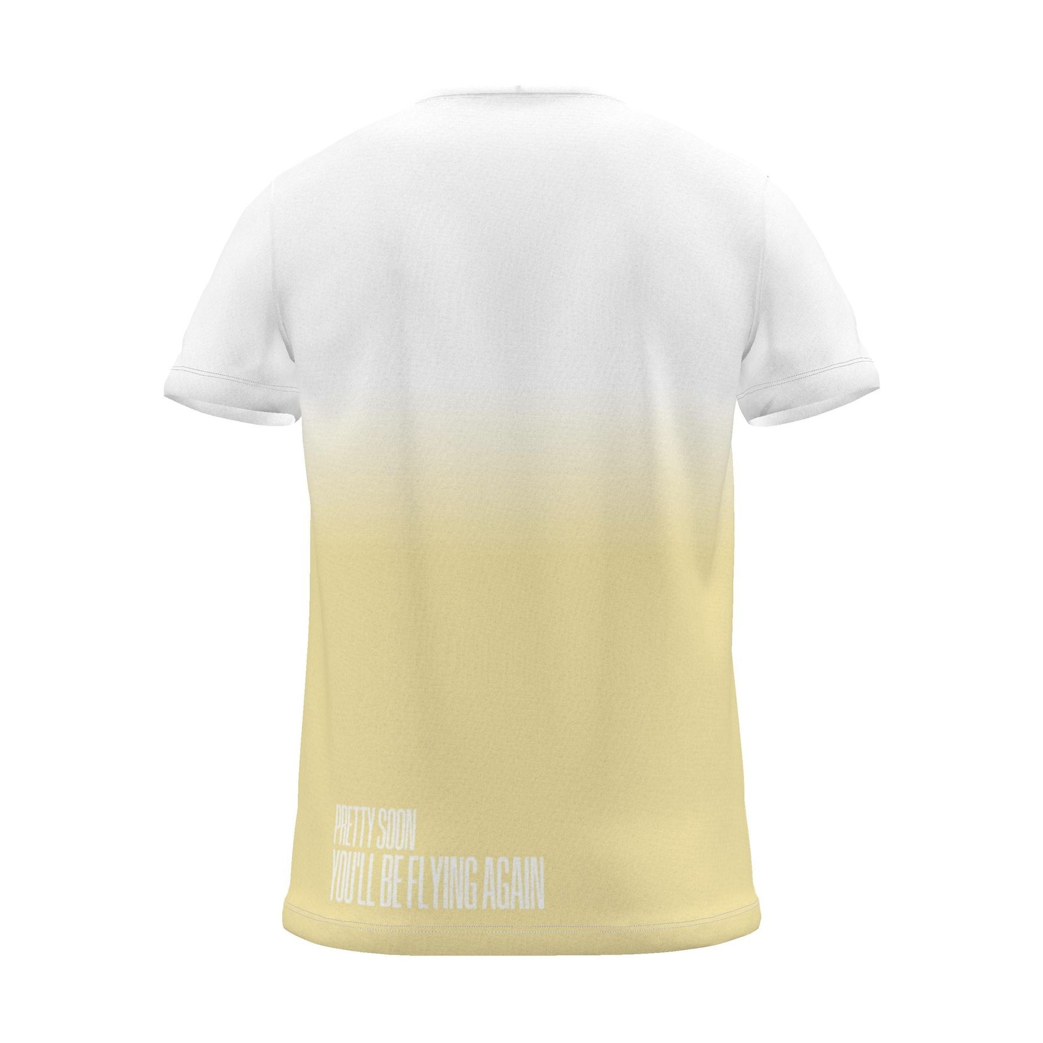 "pretty soon, you'll be flying again" Backprint Tee (Hem Print), yellow dip, back view