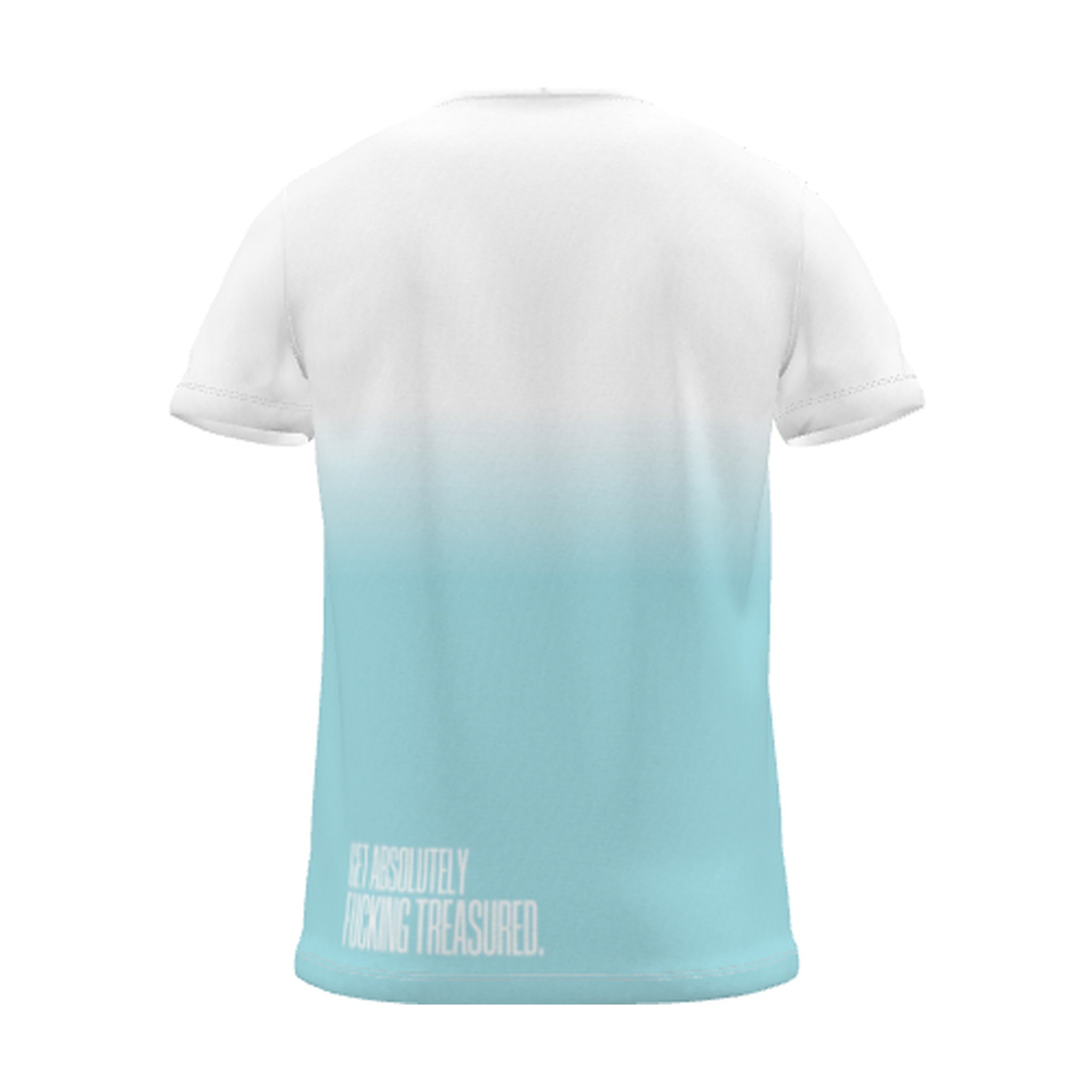 "GET ABSOLUTELY FUCKING TREASURED." Backprint Tee, cyan dip, back view