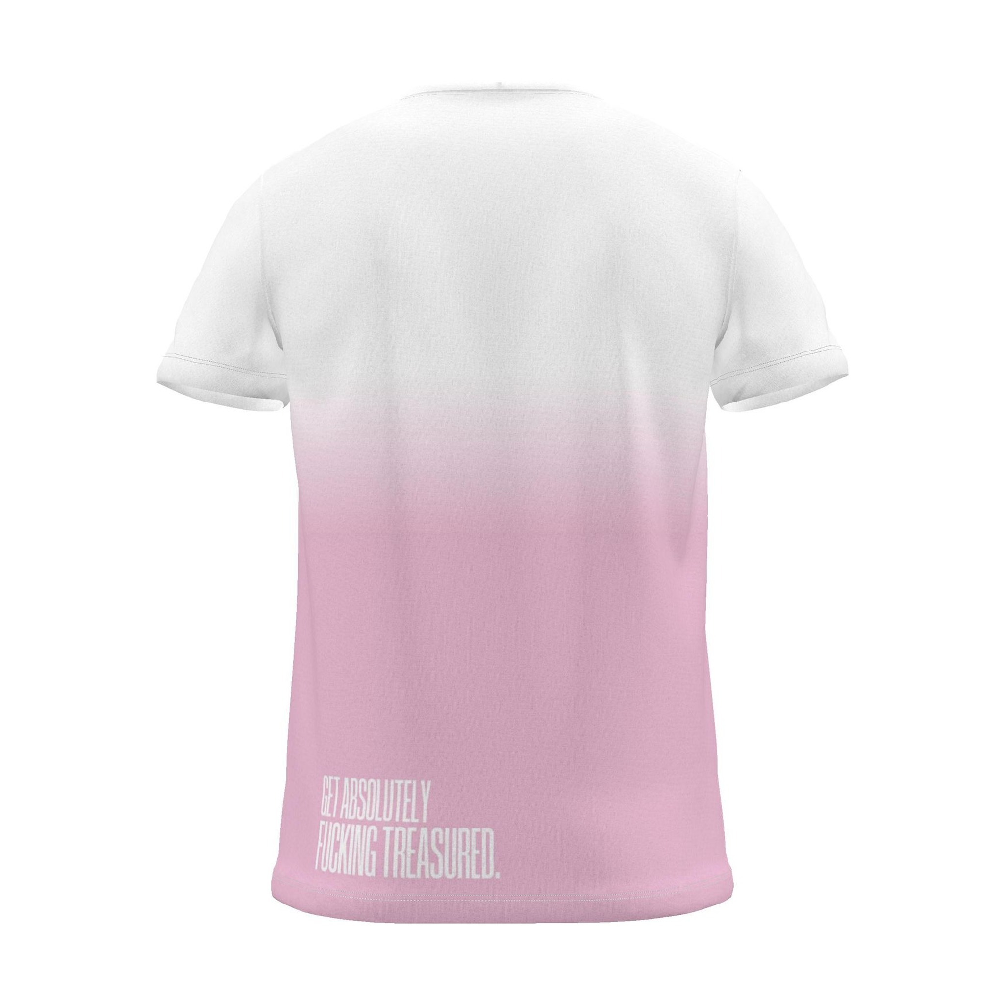 "GET ABSOLUTELY FUCKING TREASURED." Backprint Tee, magenta dip, back view