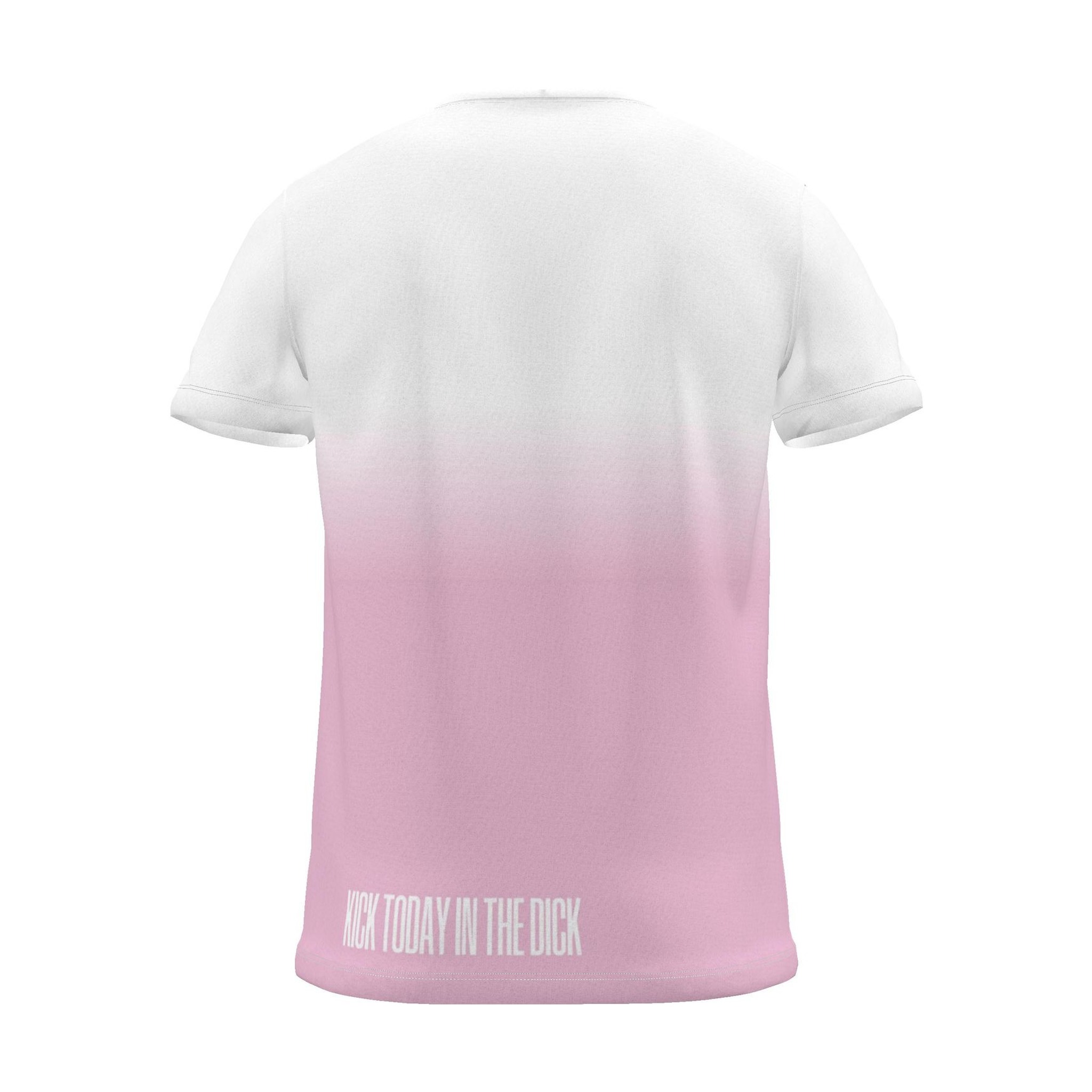"KICK TODAY IN THE DICK" Backprint Tee, magenta dip, back view