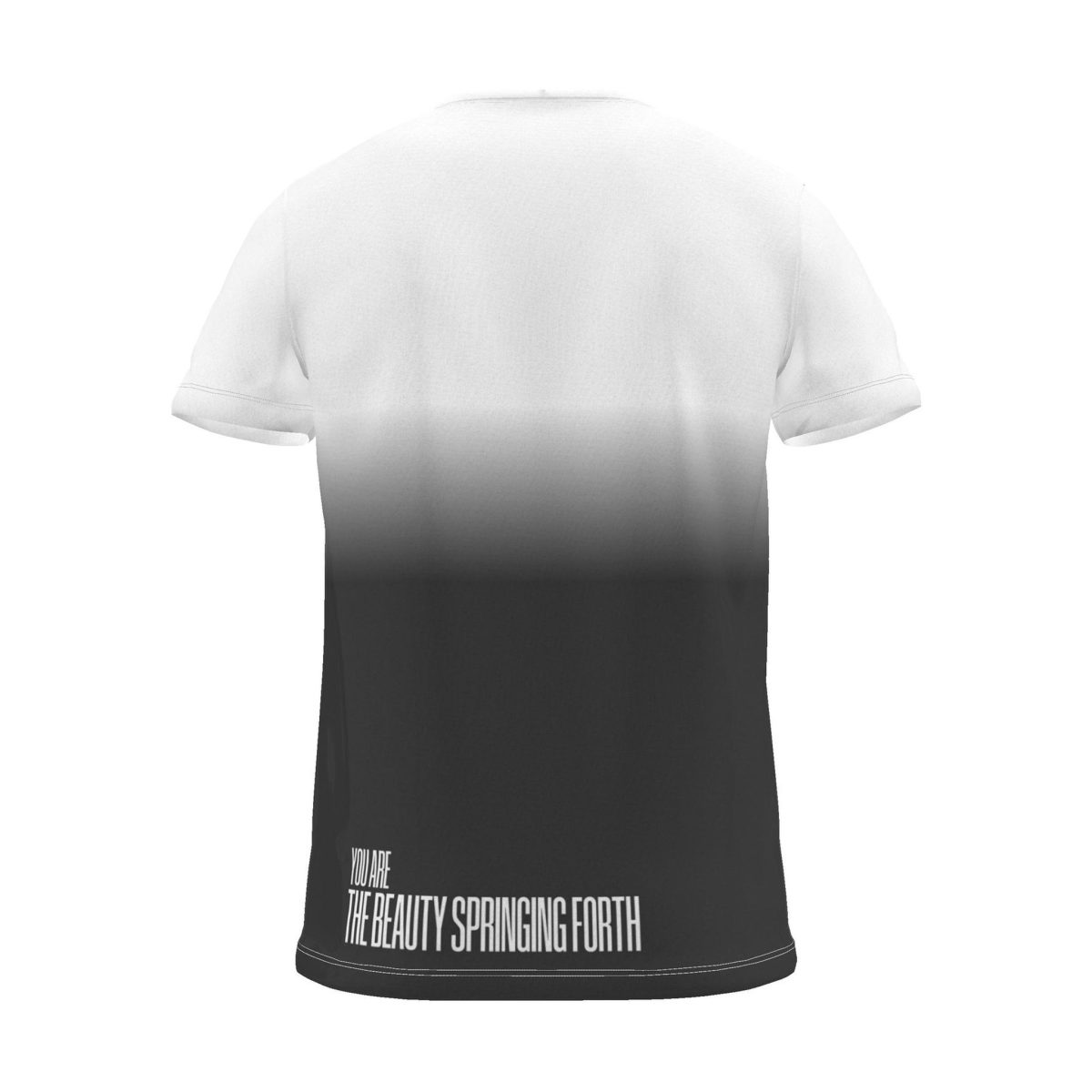 "MAY BEAUTIFUL NEW THINGS SPRING FORTH" Backprint Tee (Hem Print), charcoal dip, back view