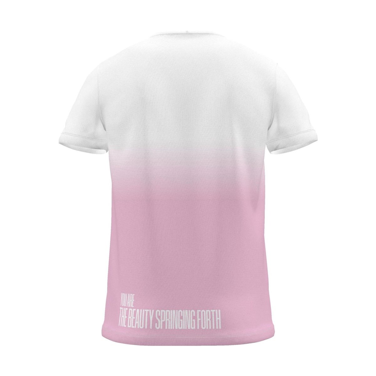 "MAY BEAUTIFUL NEW THINGS SPRING FORTH" Backprint Tee (Hem Print), magenta dip, back view