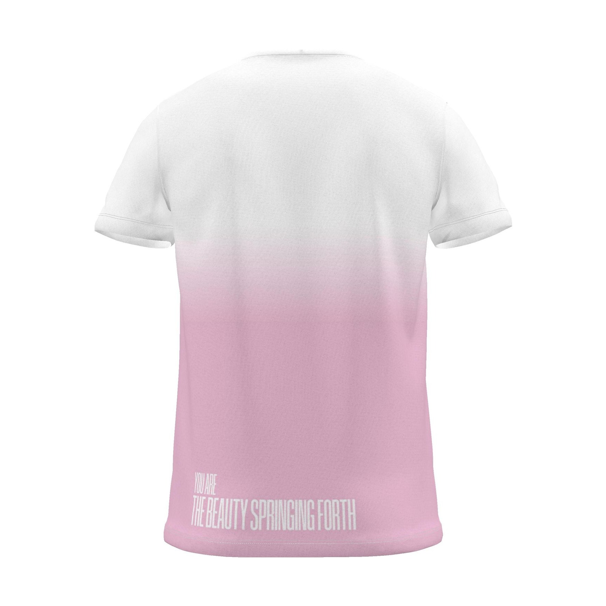 "MAY BEAUTIFUL NEW THINGS SPRING FORTH" Backprint Tee (Hem Print), magenta dip, back view