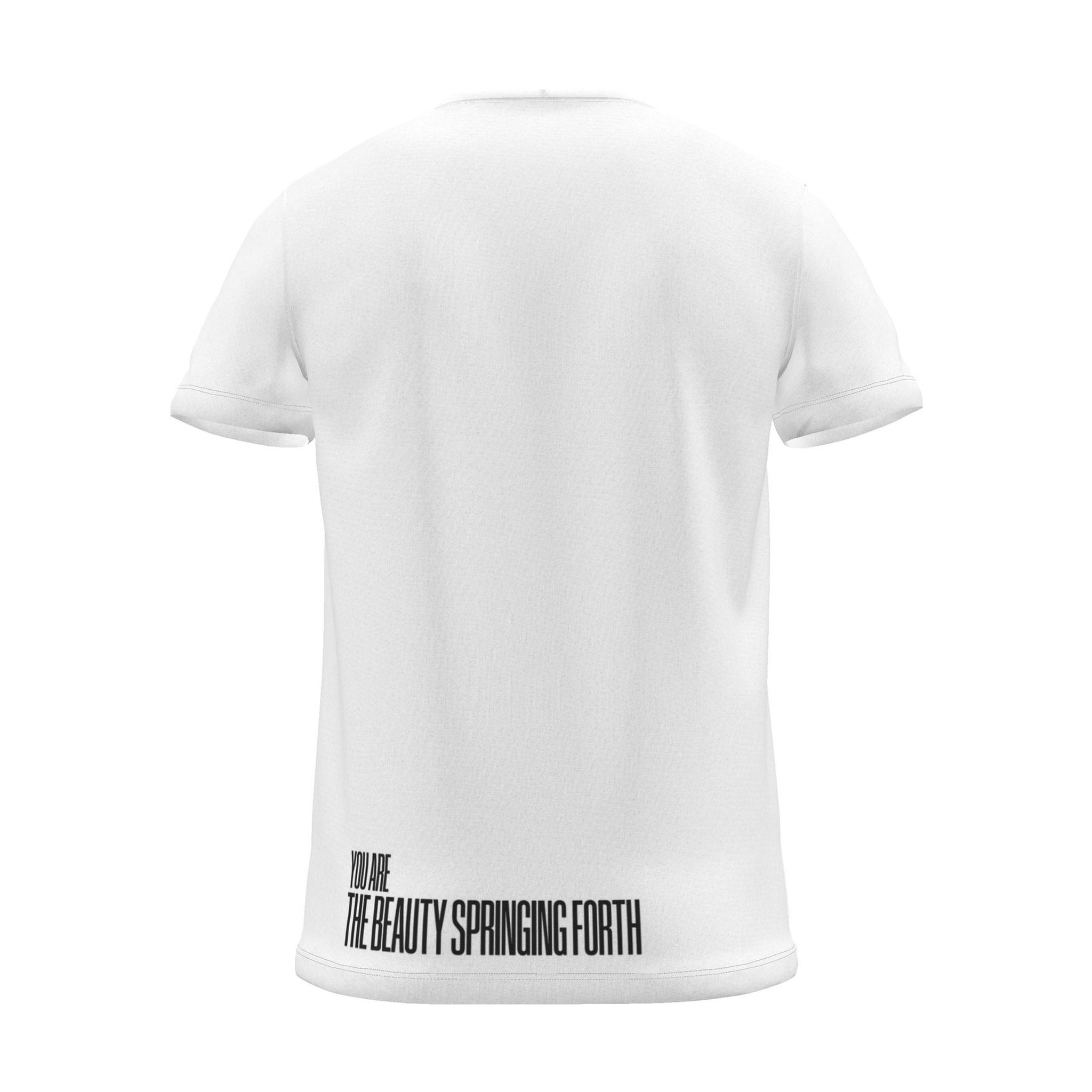 "MAY BEAUTIFUL NEW THINGS SPRING FORTH" Backprint Tee (Hem Print), white, back view