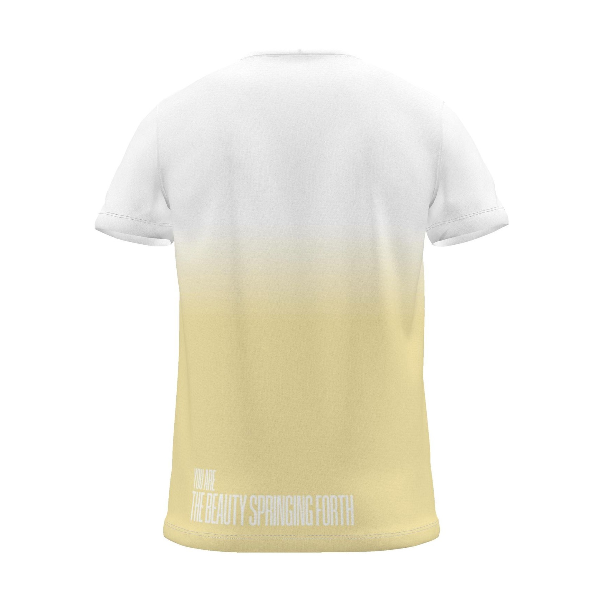 "MAY BEAUTIFUL NEW THINGS SPRING FORTH" Backprint Tee (Hem Print), yellow dip, back view