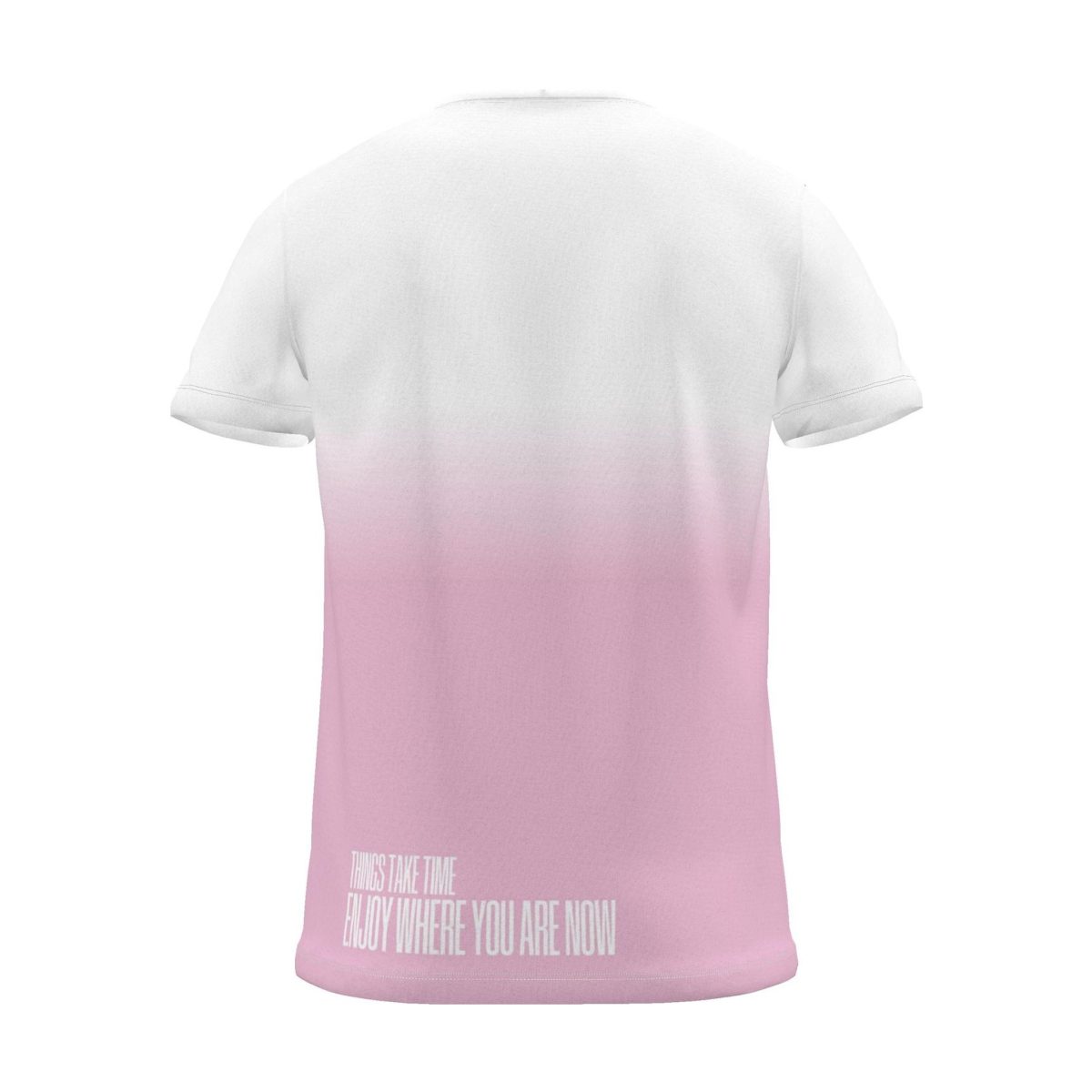 "enjoy where you are now" Backprint Tee, magenta dip, back view