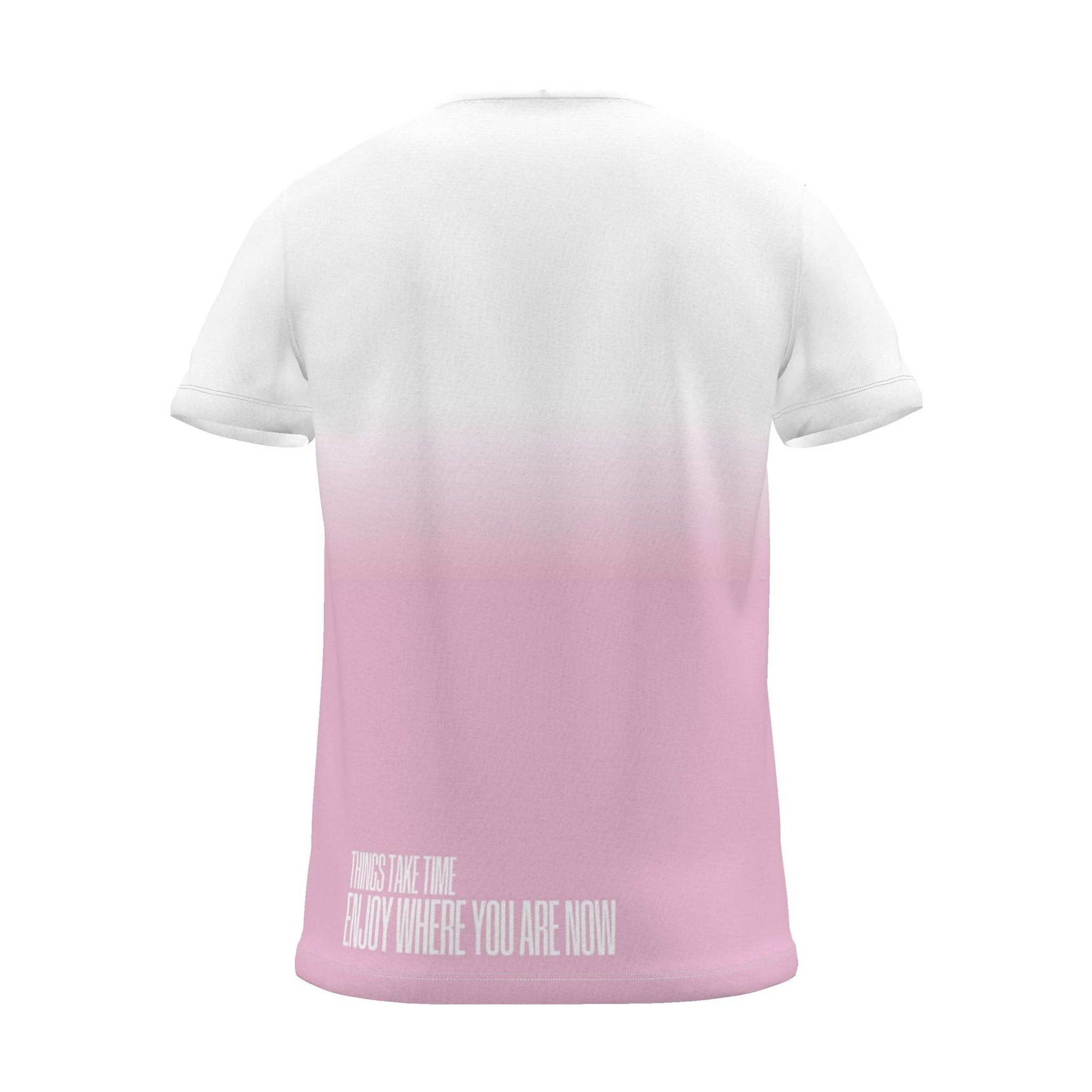 "enjoy where you are now" Backprint Tee, magenta dip, back view