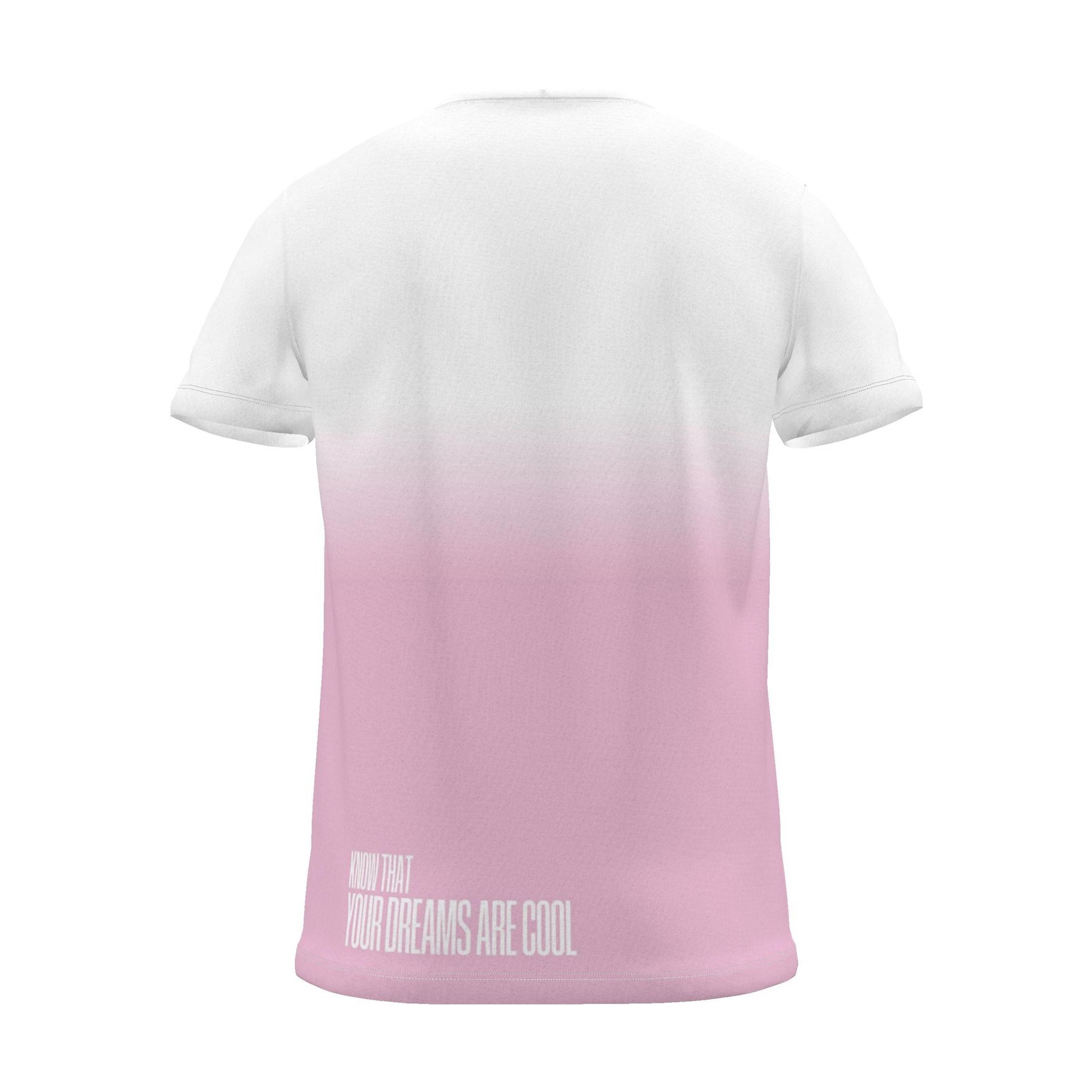 "Your dreams are cool" Backprint Tee, magenta dip, back view