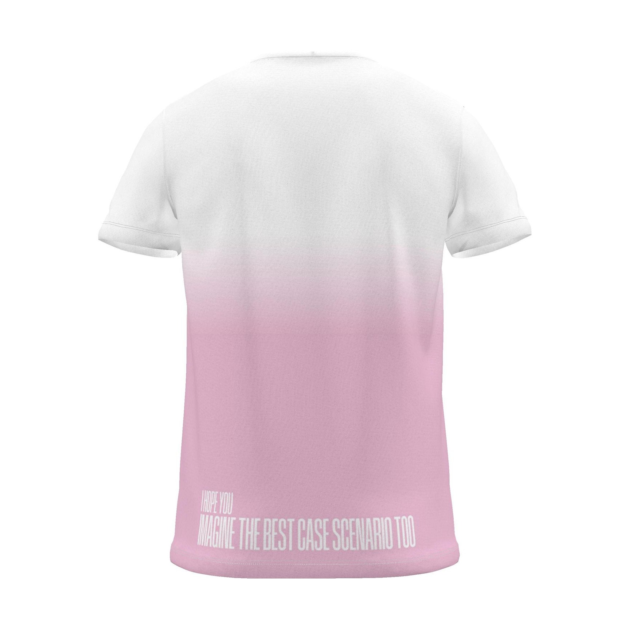 "imagine the best case scenario too" Backprint Tee (Hem Print), magenta dip, back view