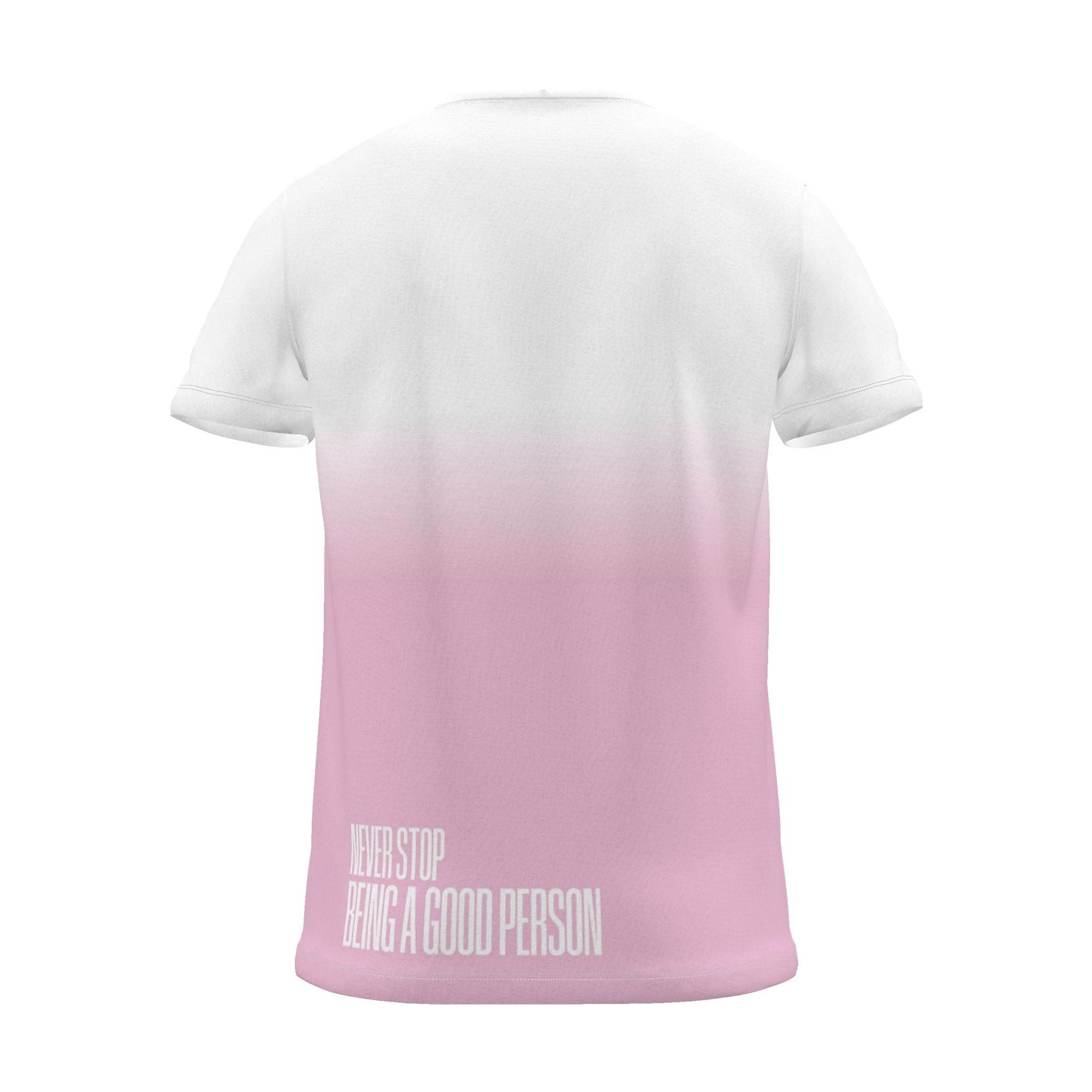 "NEVER STOP BEING A GOOD PERSON" Backprint Tee, magenta dip, back view