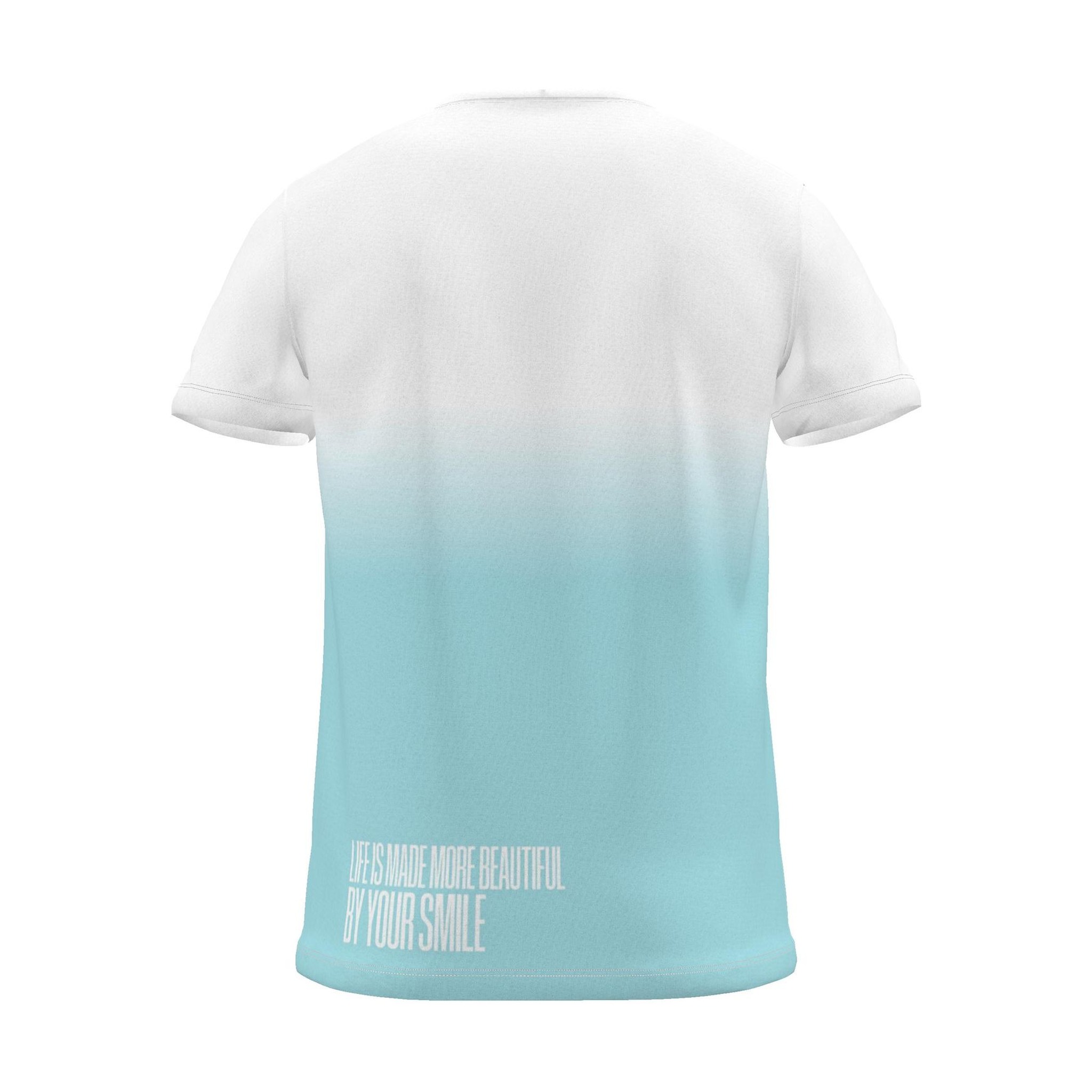 "your smile makes life more beautiful." Backprint Tee, cyan dip, back view