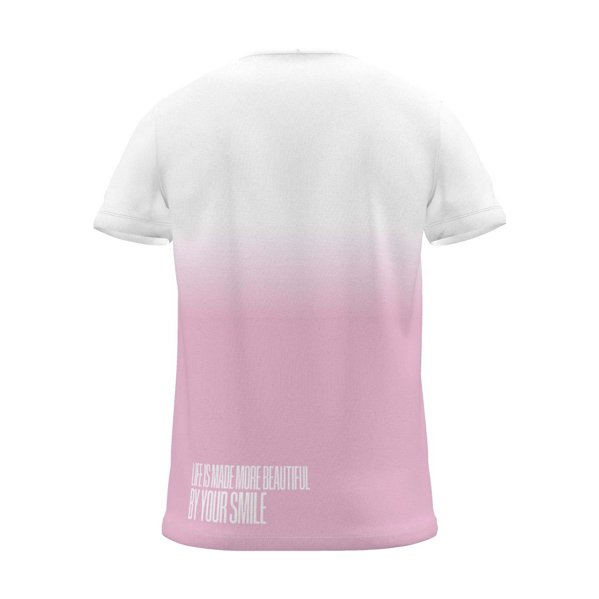 "your smile makes life more beautiful." Backprint Tee, magenta dip, back view
