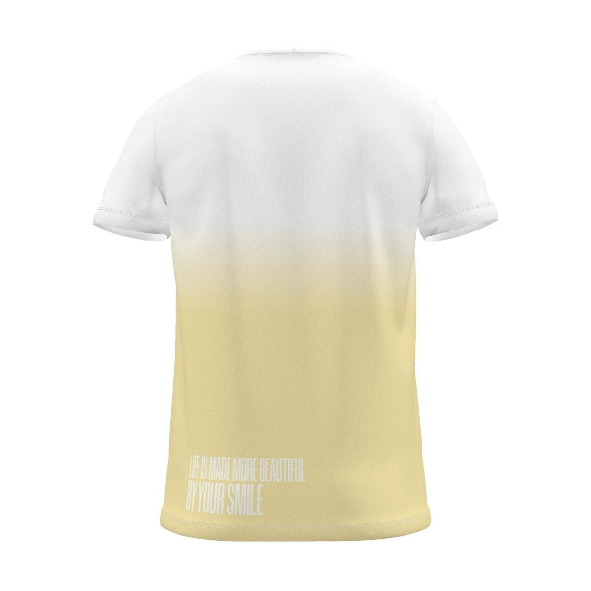 "your smile makes life more beautiful." Backprint Tee, yellow dip, back view