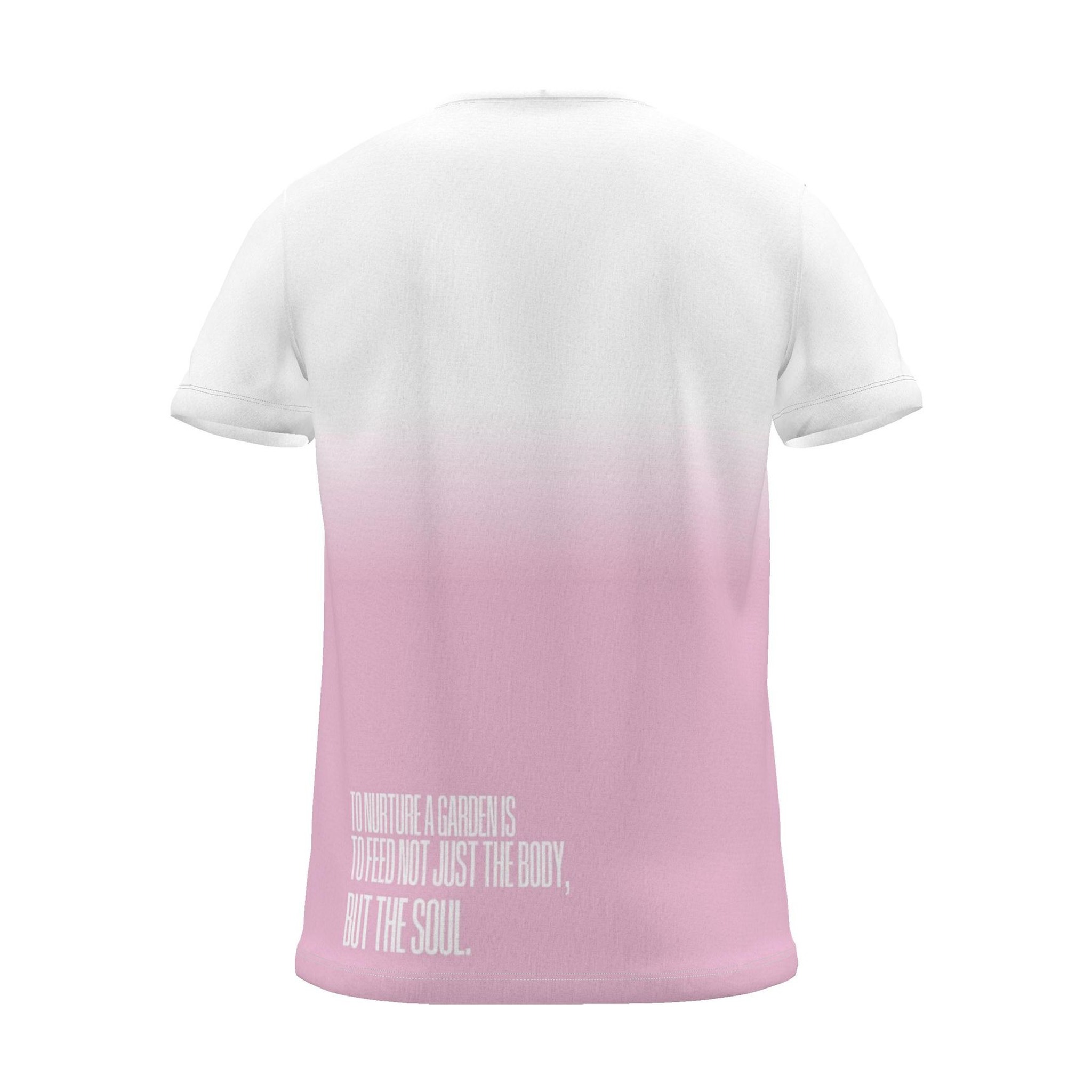 "To nurture a garden is to feed not just the body, but the soul." Backprint Tee, magenta dip, back view