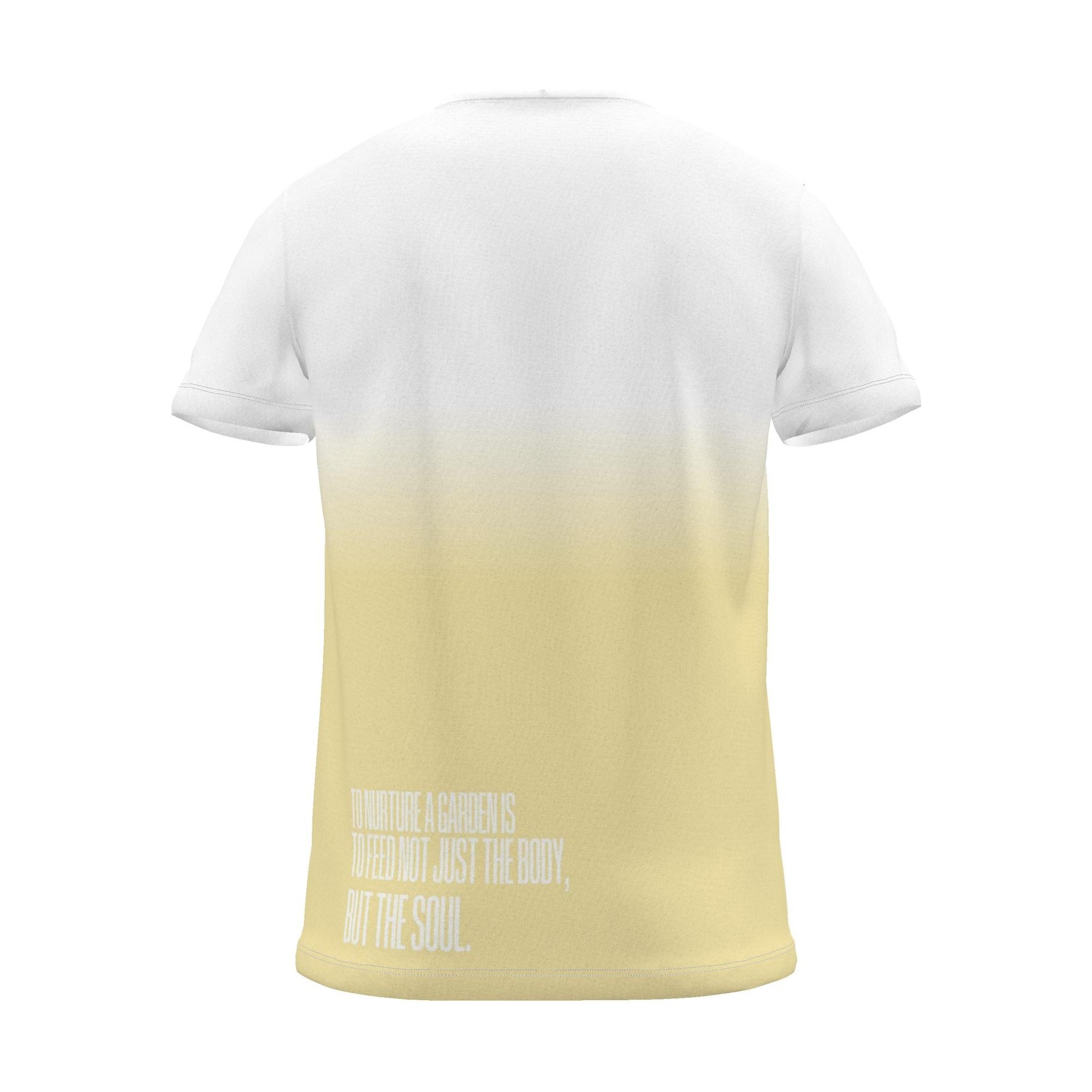 "To nurture a garden is to feed not just the body, but the soul." Backprint Tee, yellow dip, back view
