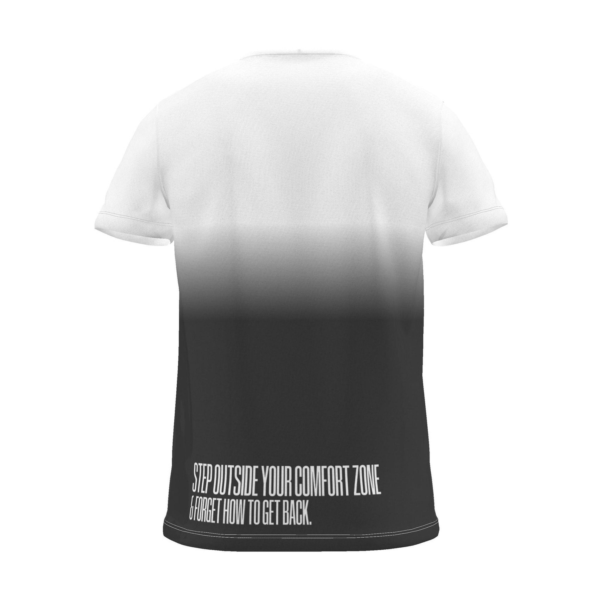 "Step outside your comfort zone & forget how to get back." Backprint Tee (Hem Print), charcoal dip, back view