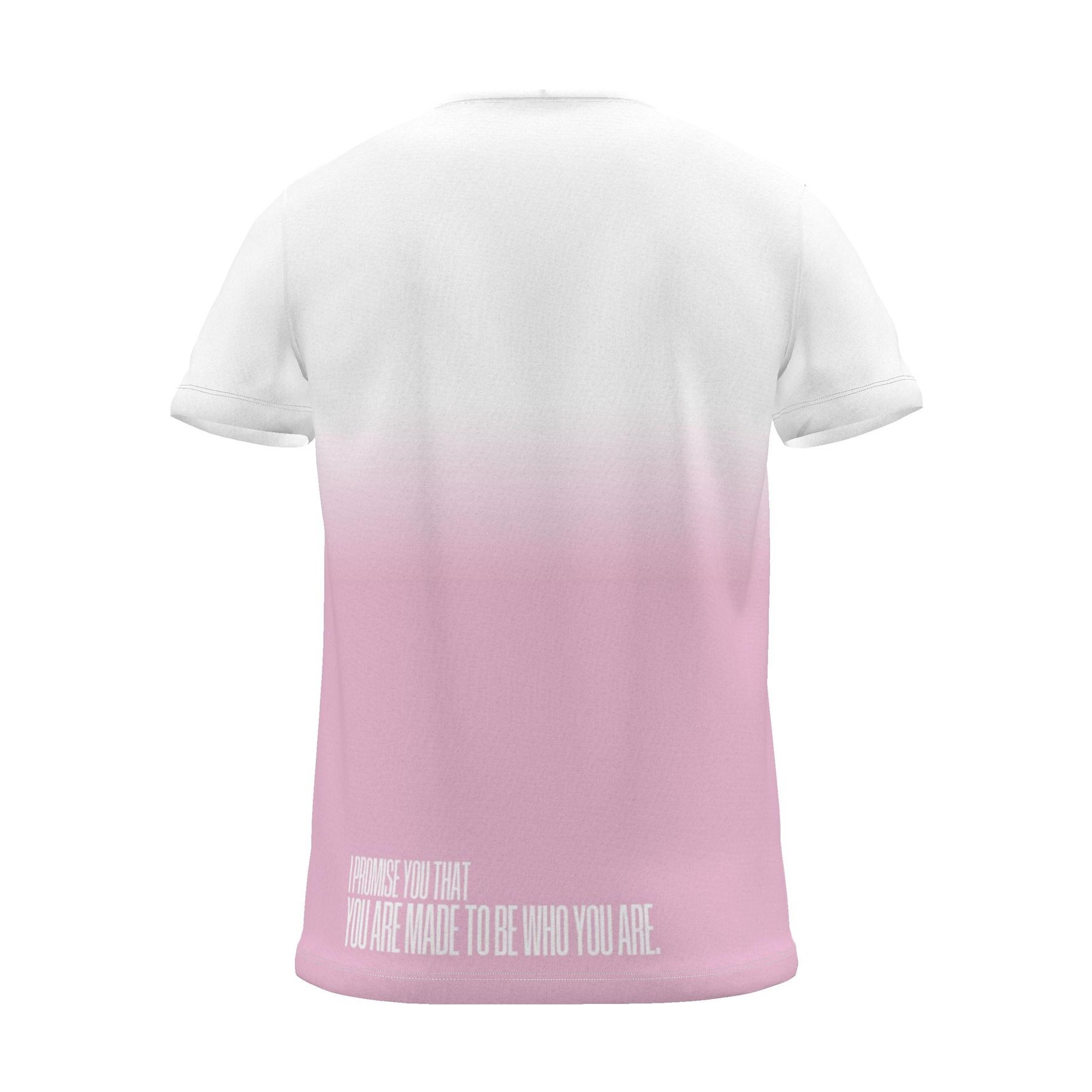"I PROMISE YOU THAT YOU ARE MADE TO BE WHO YOU ARE." Backprint Tee, magenta dip, back view