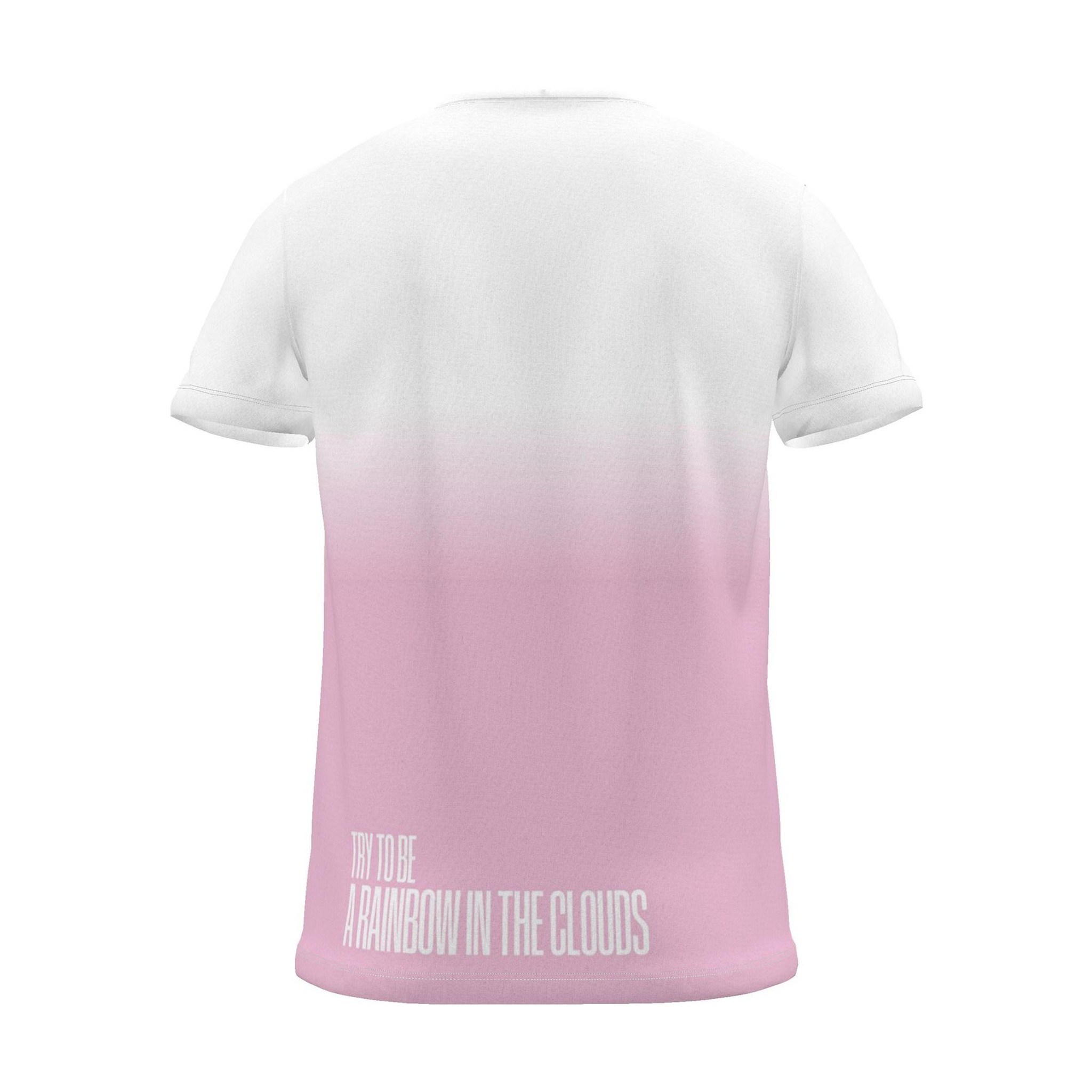 "Try to be a rainbow in the clouds" Backprint Tee, magenta dip, back view