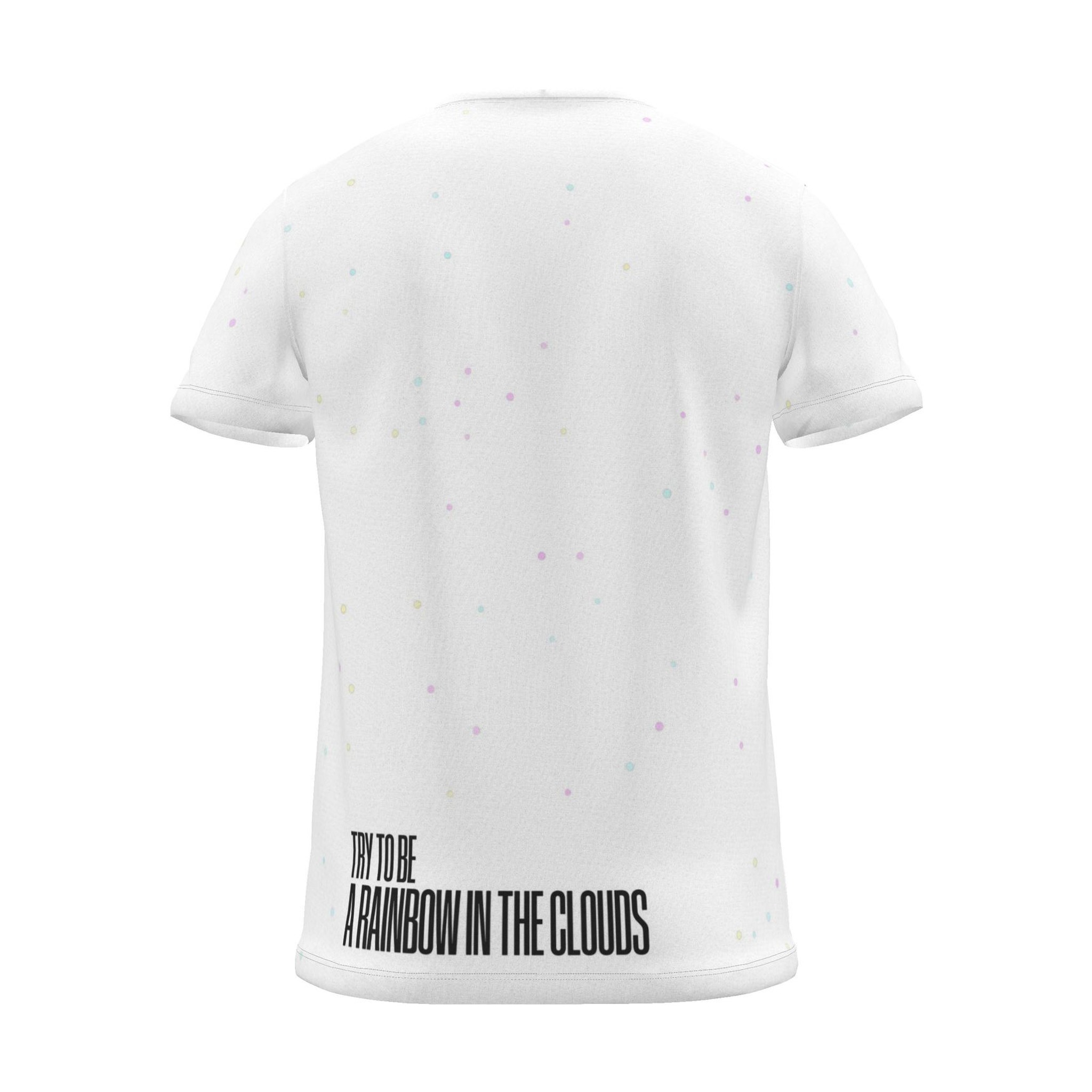 "Try to be a rainbow in the clouds" Backprint Tee, white dots, back view