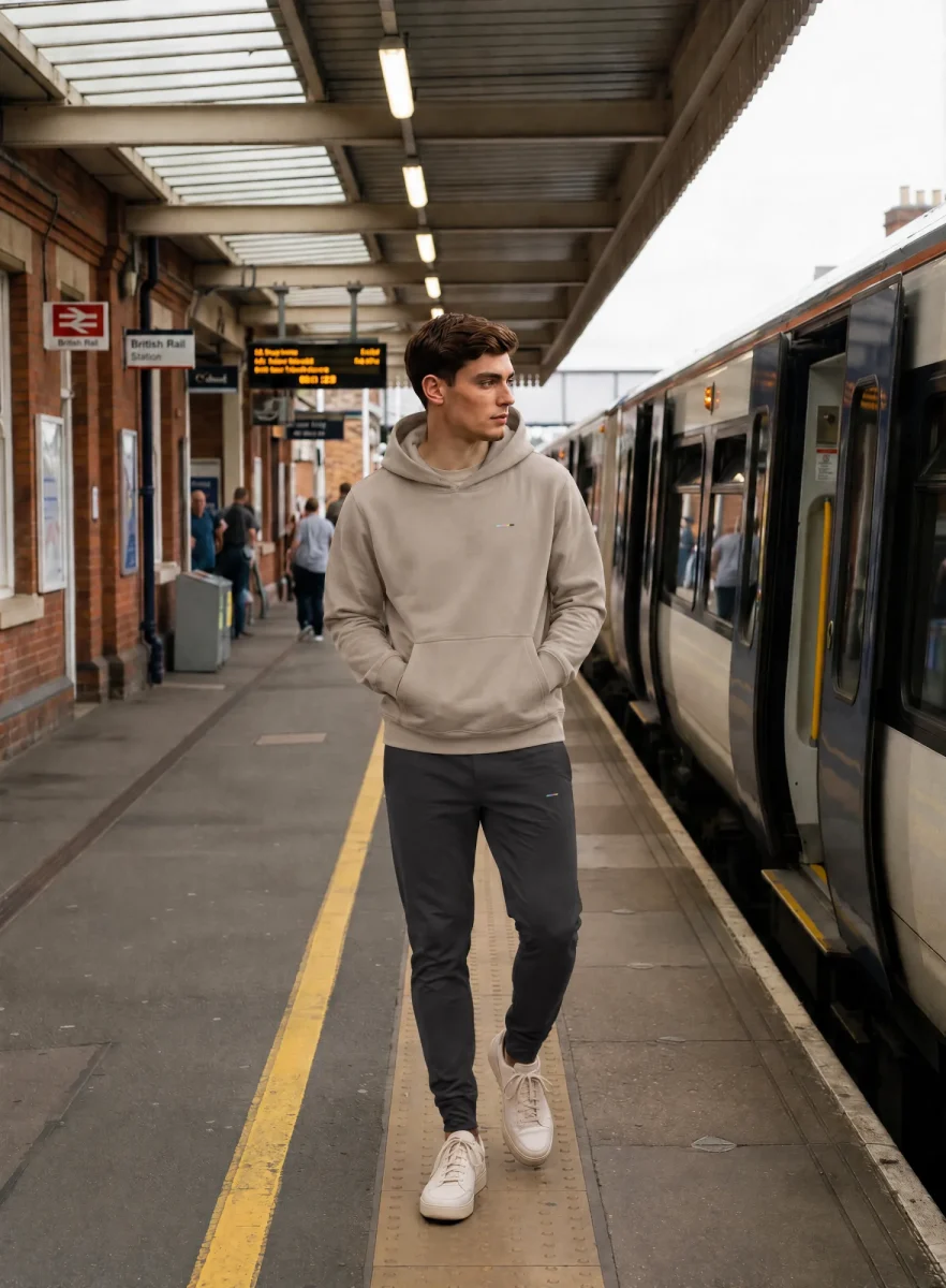 Mark wearing the Its.That. Oat T-Shirt with Charcoal Joggers LIMITED and an Ash Hoodie, a head to toe Neutrals look