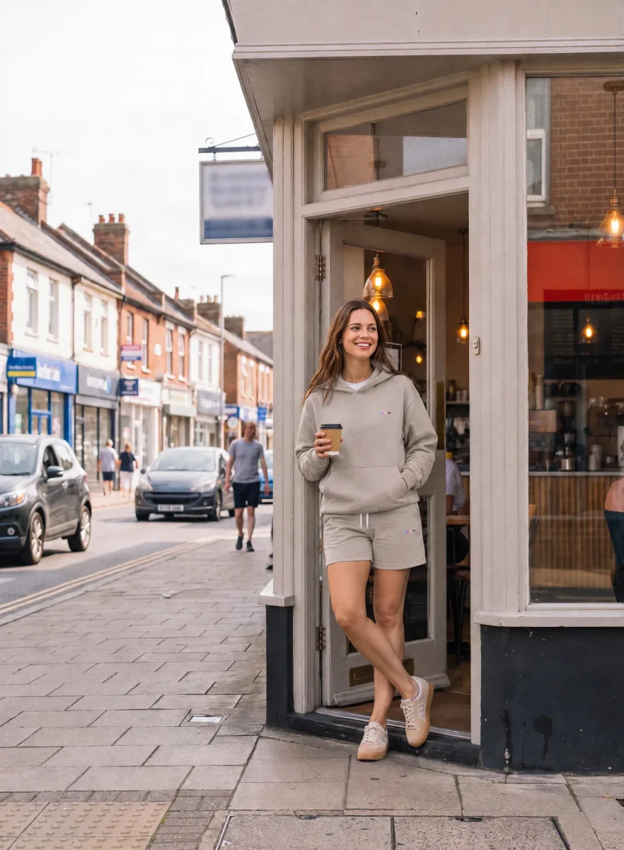 Lily wearing the Its.That. Chalk T-Shirt with Stone Shorts and a Taupe Hoodie, a light Neutrals look